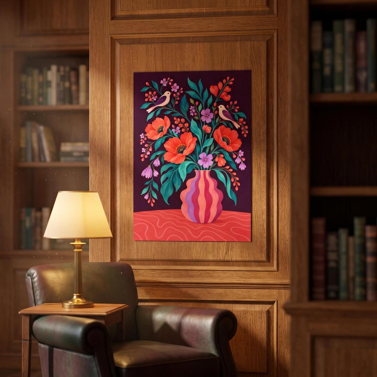 A colorful framed wall art print depicting a floral bouquet in a striped vase, hung on a wooden bookshelf wall above a leather armchair and beside a lit table lamp.