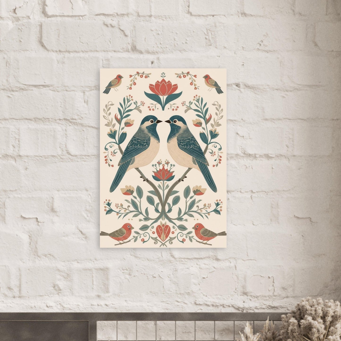Folk art bird illustration print styled on white brick wall with soft natural light
