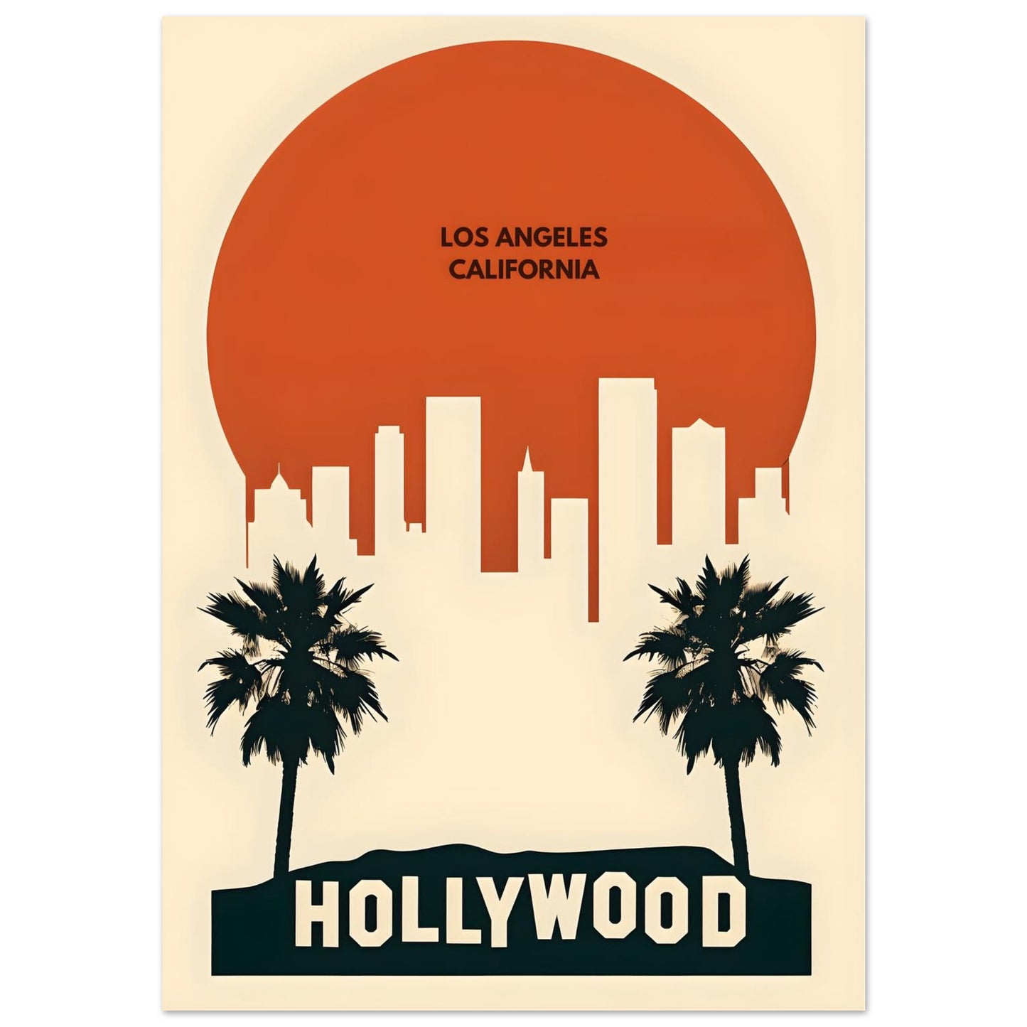 Poster of Los Angeles with skyline, palm trees, and 'Hollywood' text.