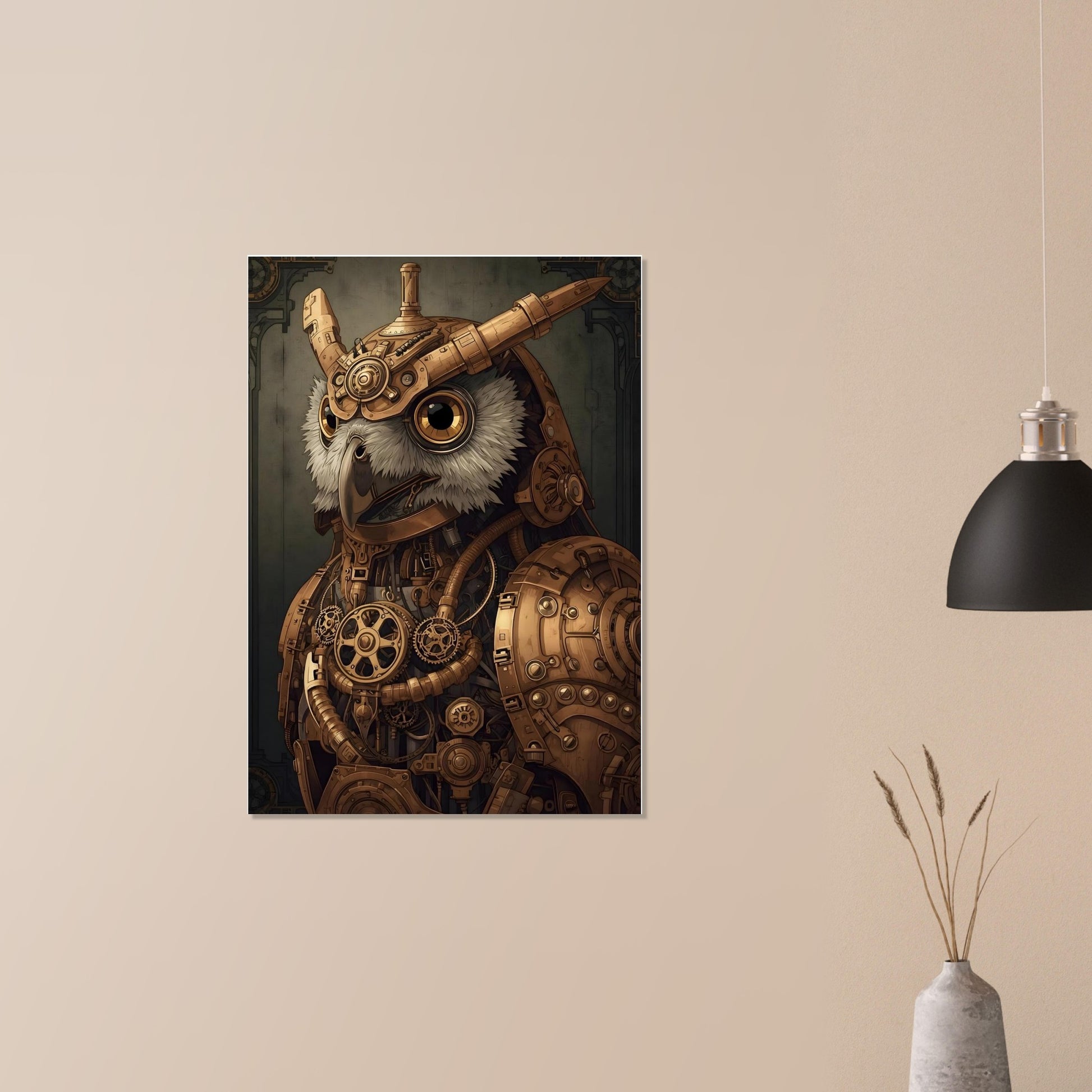 Steampunk-style owl painting on a beige wall with a black pendant light and white vase.