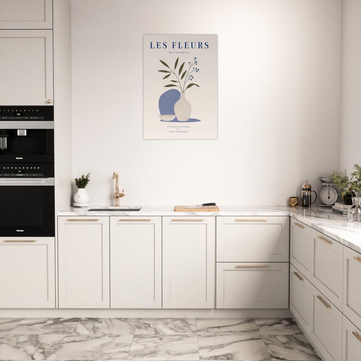 Minimalist blue floral wall art print displayed in bright contemporary cream kitchen