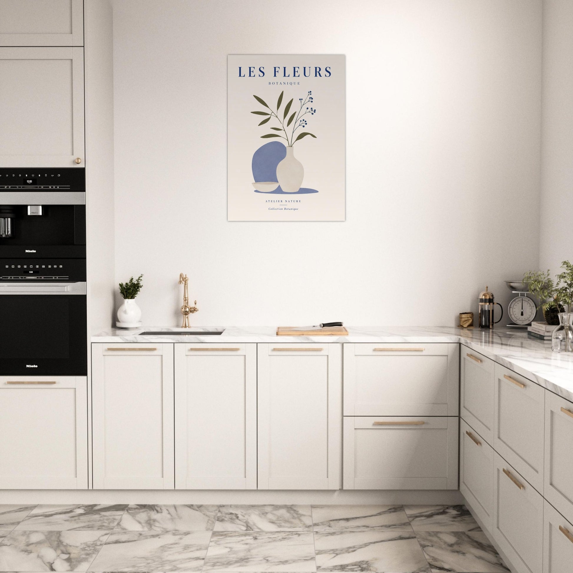 Minimalist blue floral wall art print displayed in bright contemporary cream kitchen