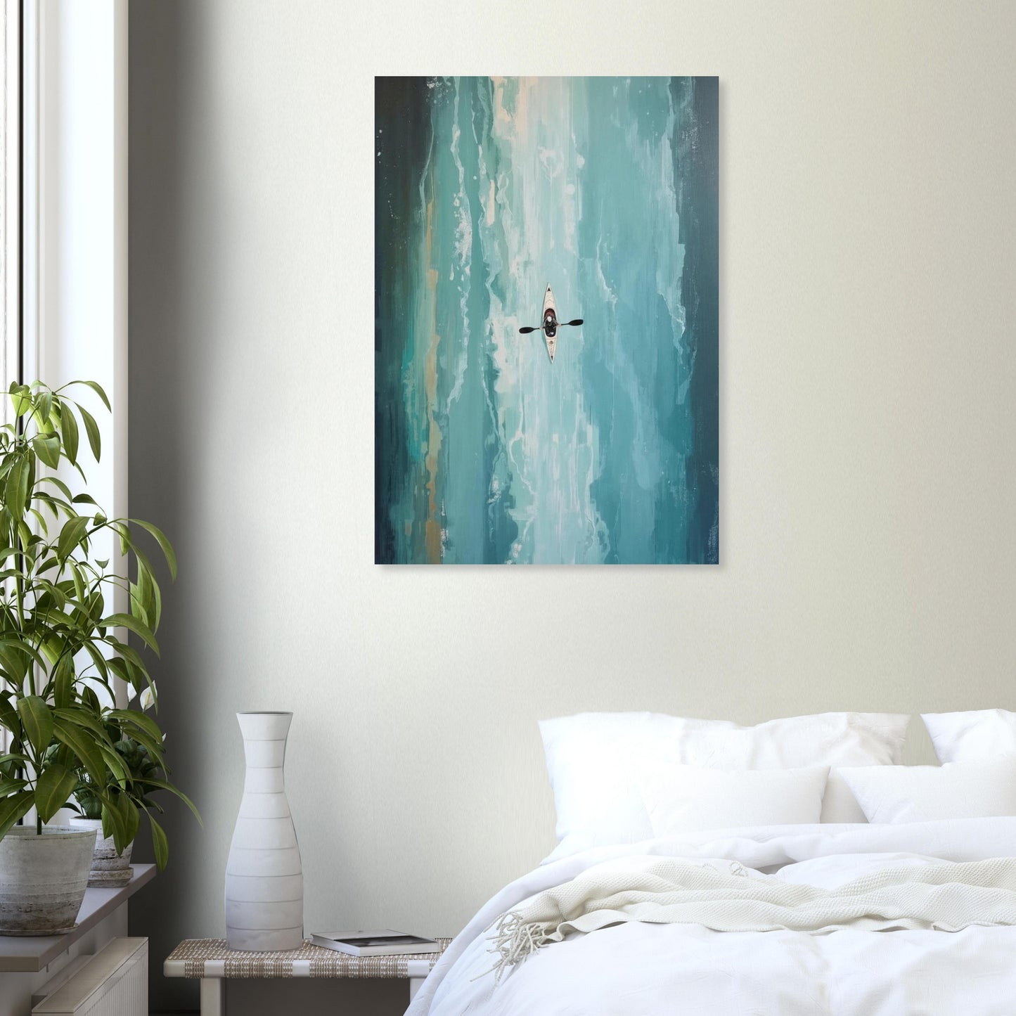 Abstract painting - Turquoise ocean kayak wall art on a wall above a bed in a bedroom