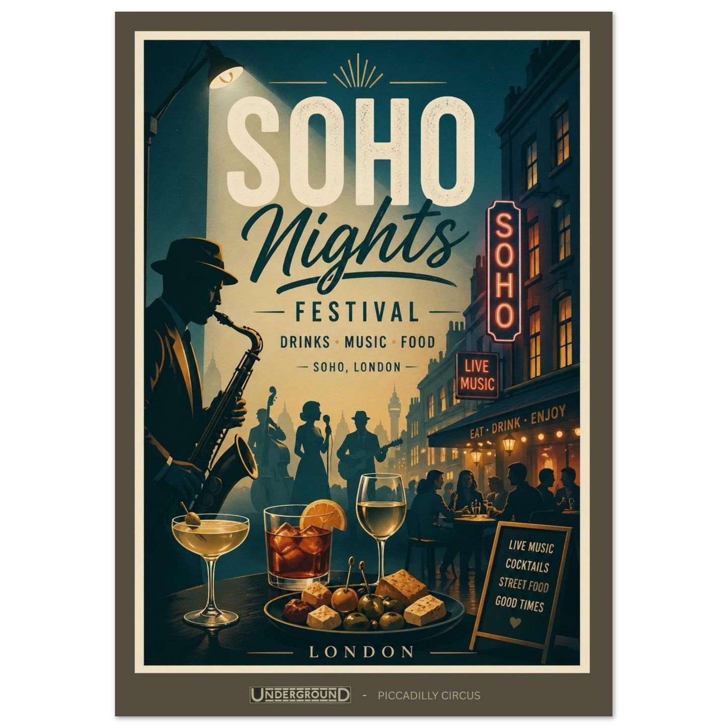 Poster for Soho Nights Festival with a saxophonist, drinks, and people in a city street setting.