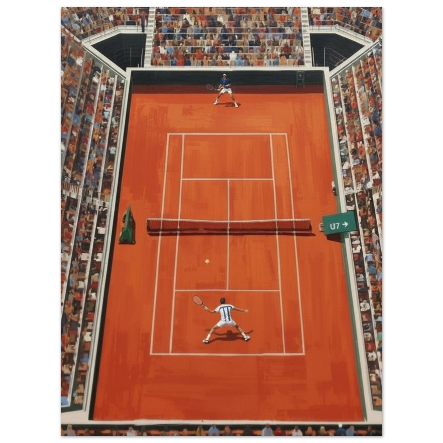 Poster of a tennis match on a red court with spectators in the stands.