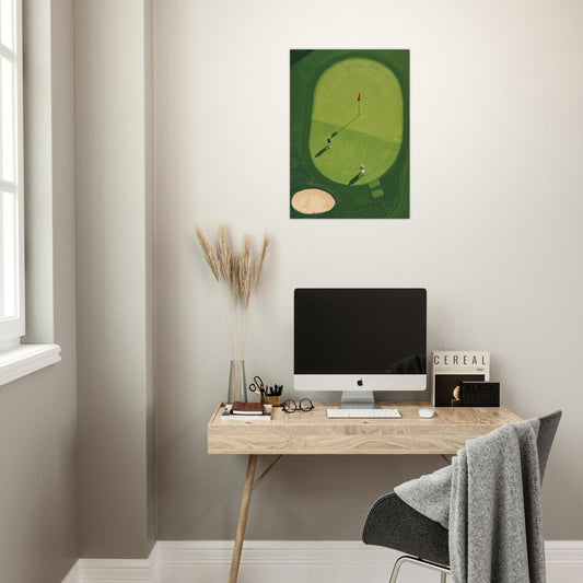 Modern home office with a desk, computer, and wall art of a golf course.