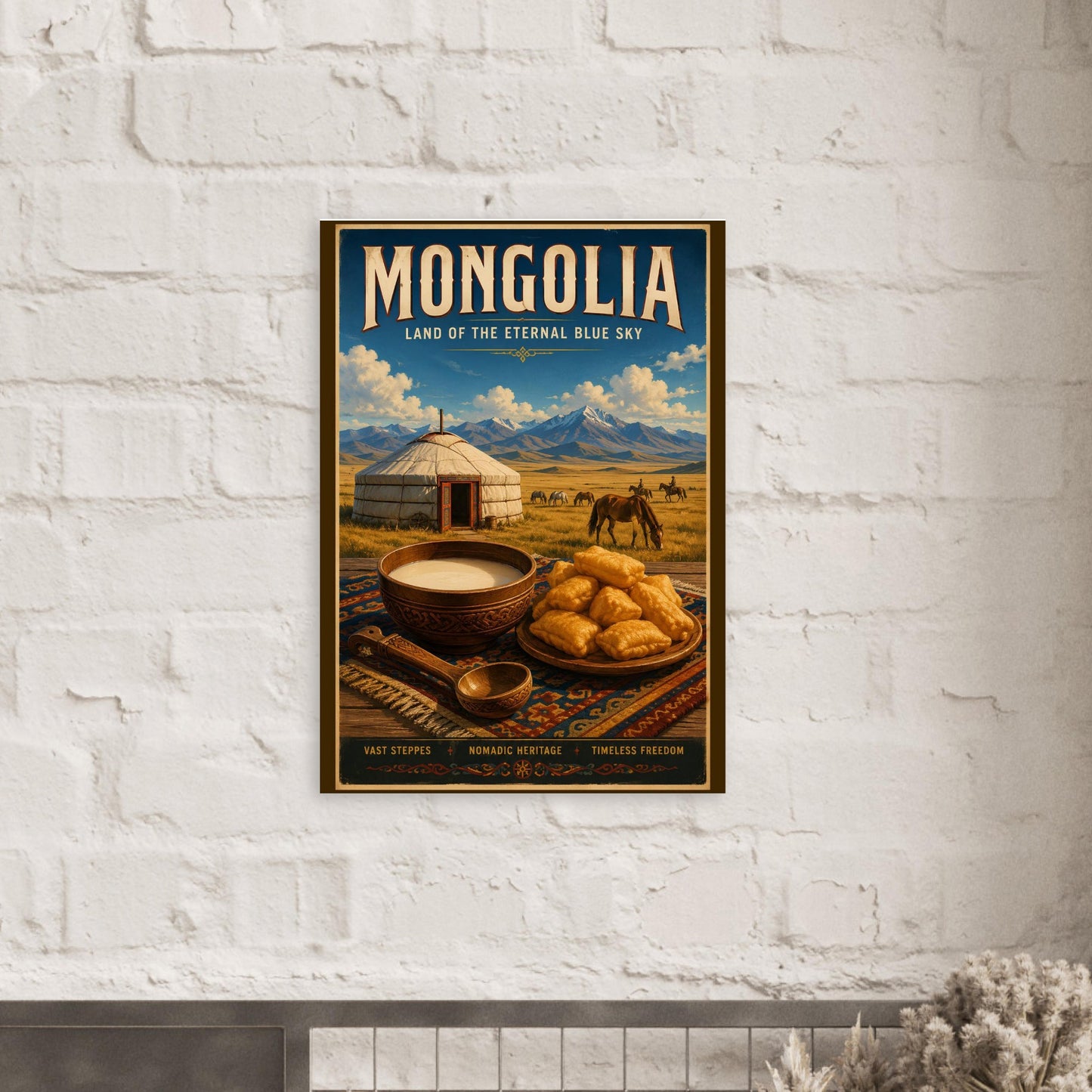 Vintage Mongolia travel poster displayed on a white brick feature wall, creating a striking travel-inspired focal point.