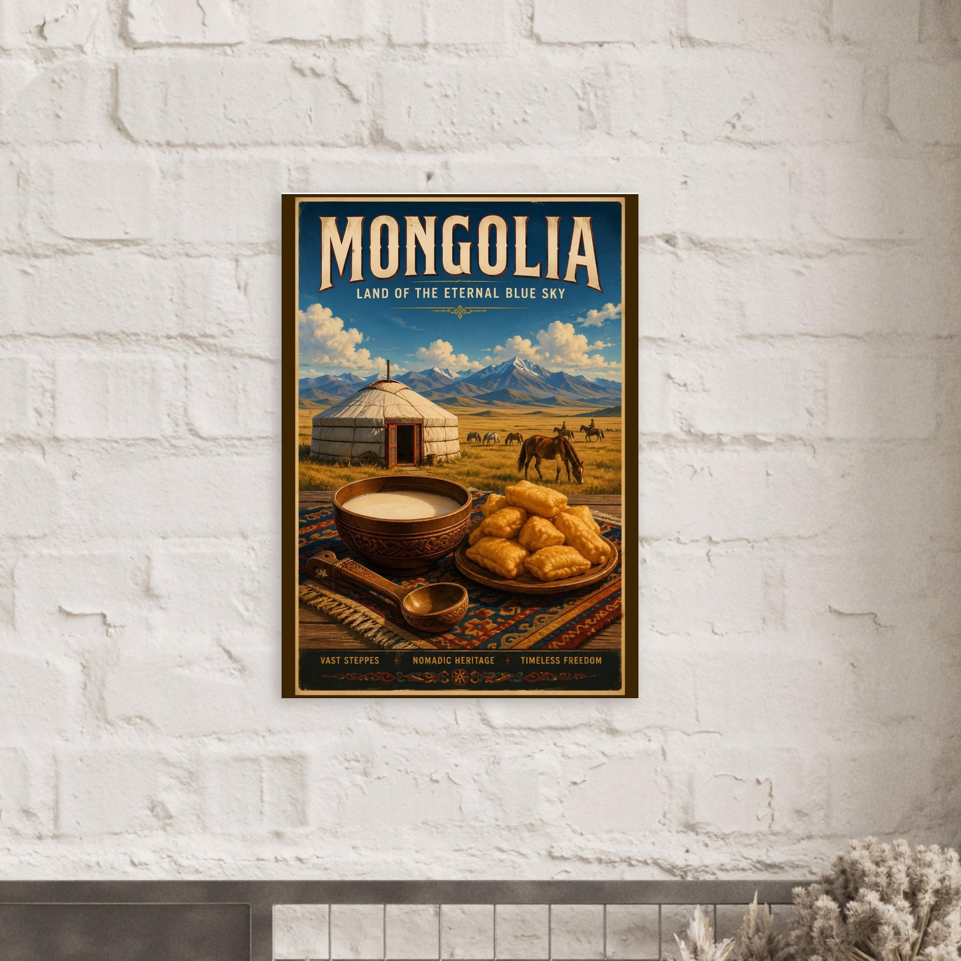 Vintage Mongolia travel poster displayed on a white brick feature wall, creating a striking travel-inspired focal point.