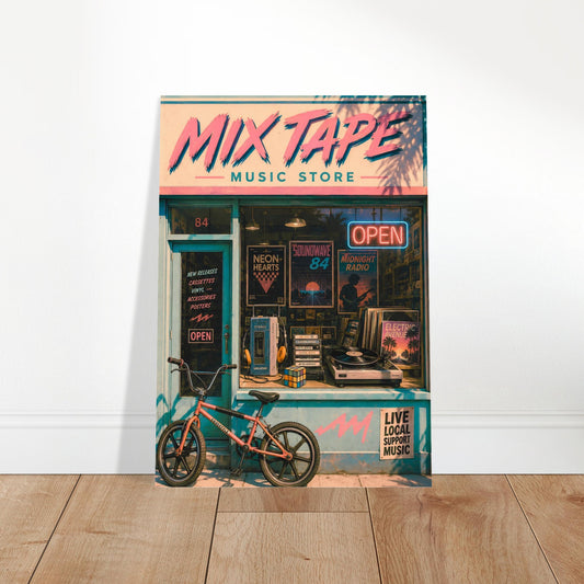 Poster of a 80s music store with a bike outside on a wooden floor.