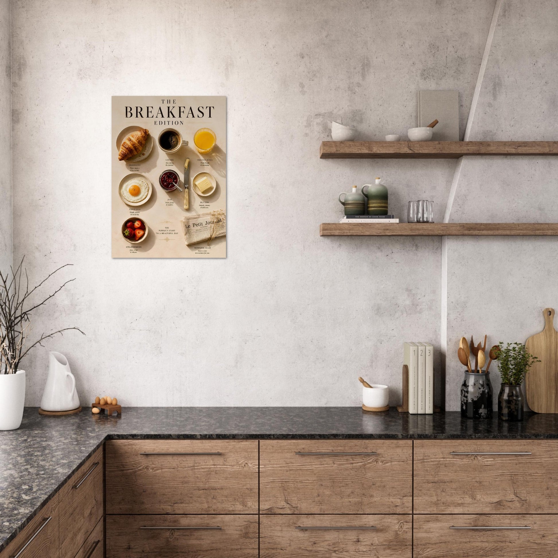 Breakfast Edition Poster displayed above rustic wooden shelving in a contemporary kitchen interior.