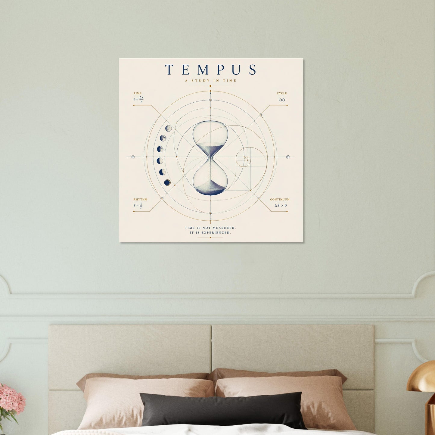 Ivory geometric hourglass wall art displayed above a bed in a calm contemporary bedroom.