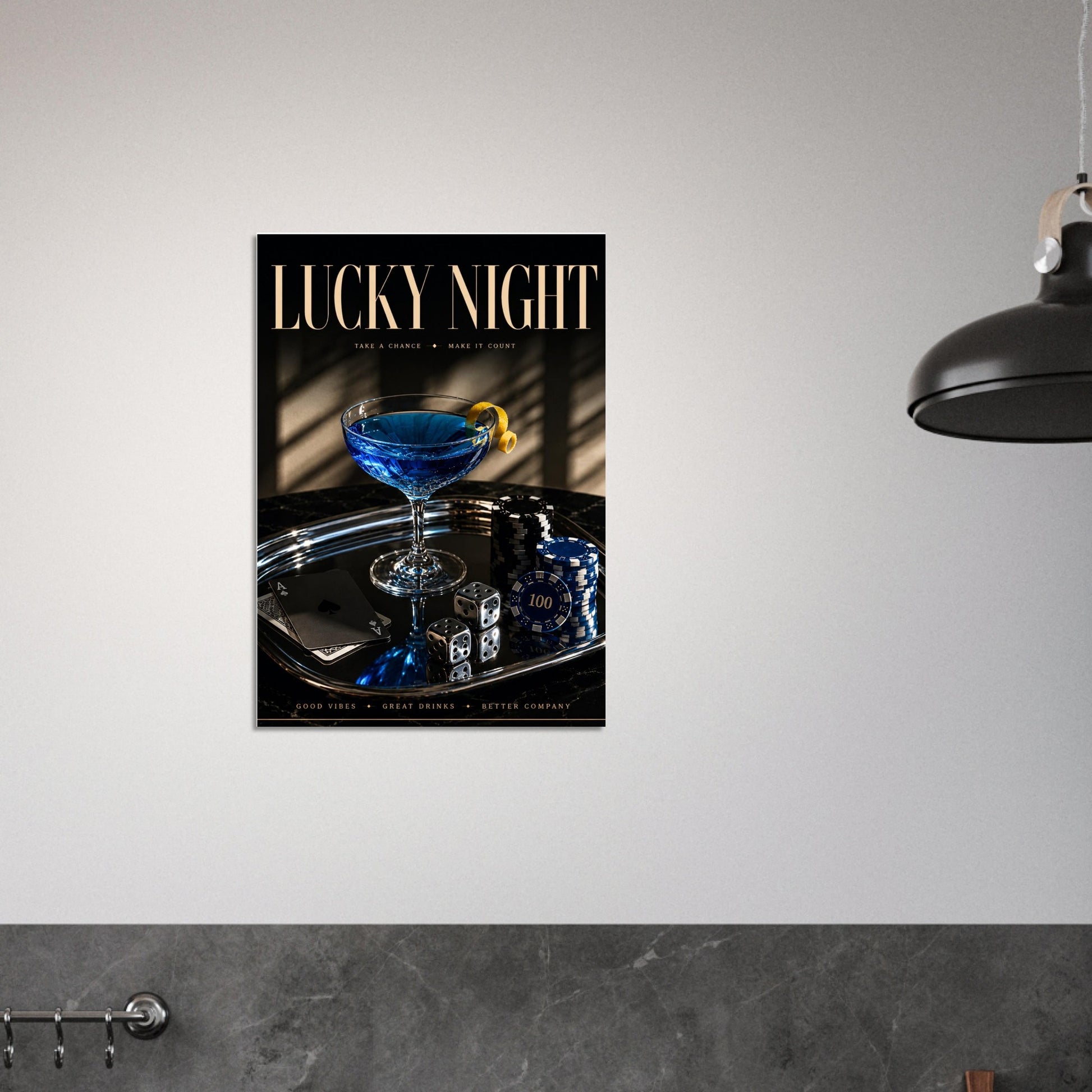 LUCKY NIGHT blue cocktail artwork displayed in bright contemporary kitchen with minimalist styling