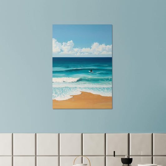 beach poster on blue wall decor