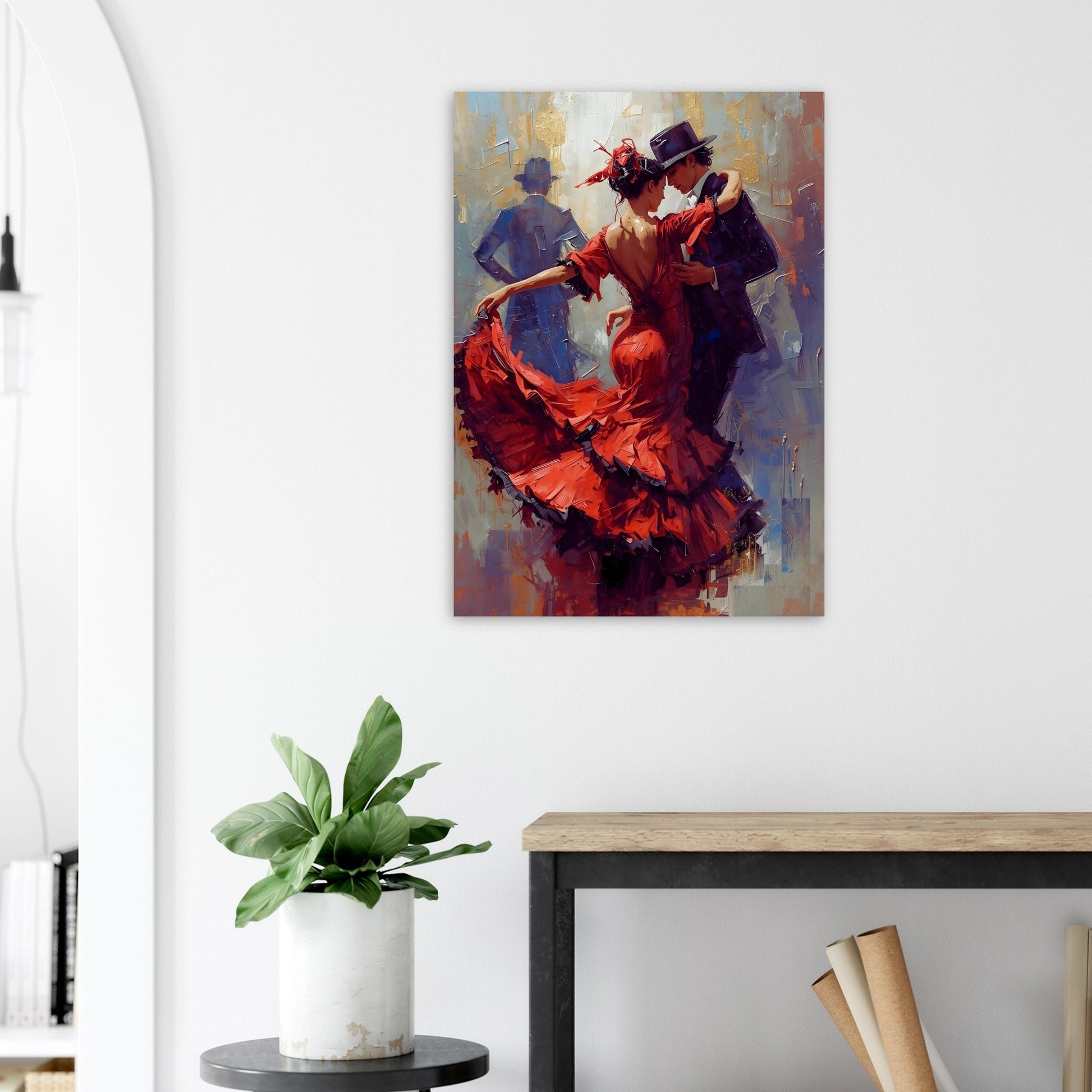 Painting of a couple dancing on a wall above a table with a plant