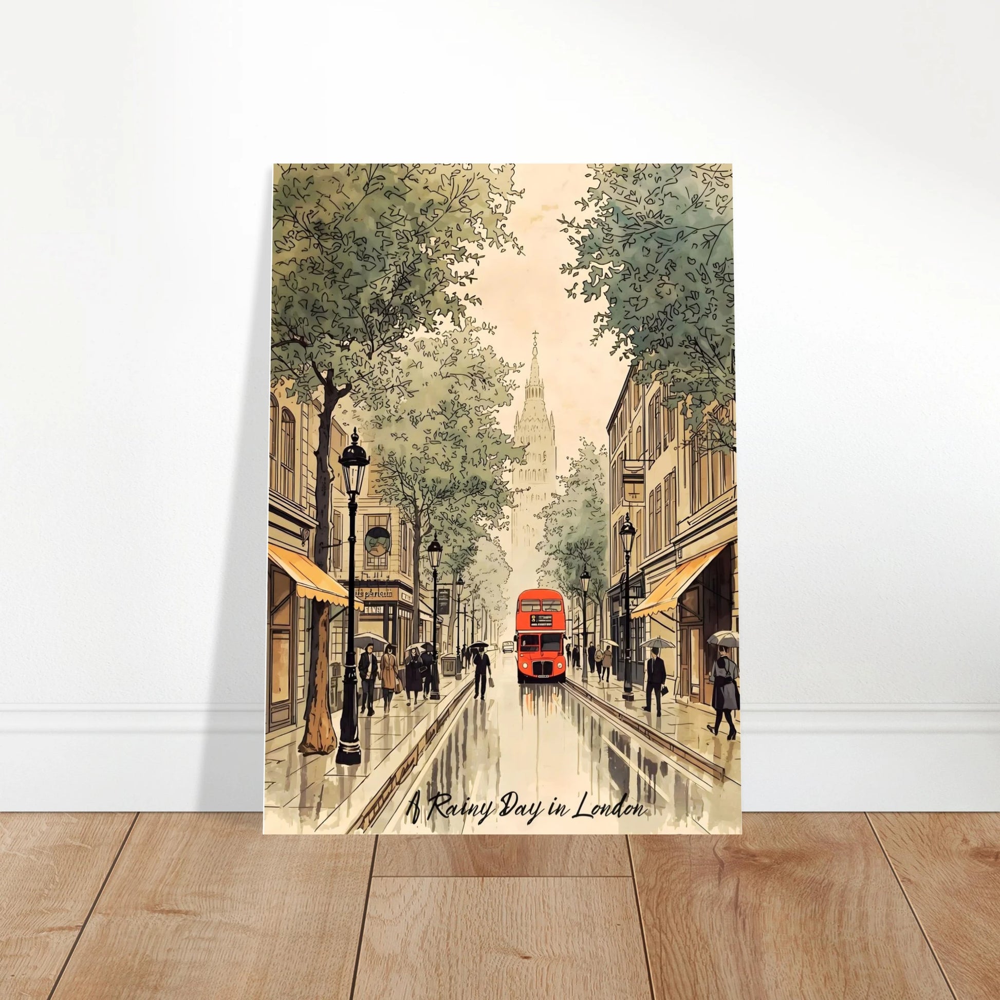 Poster of a rainy day in London with a red double-decker bus on a street.