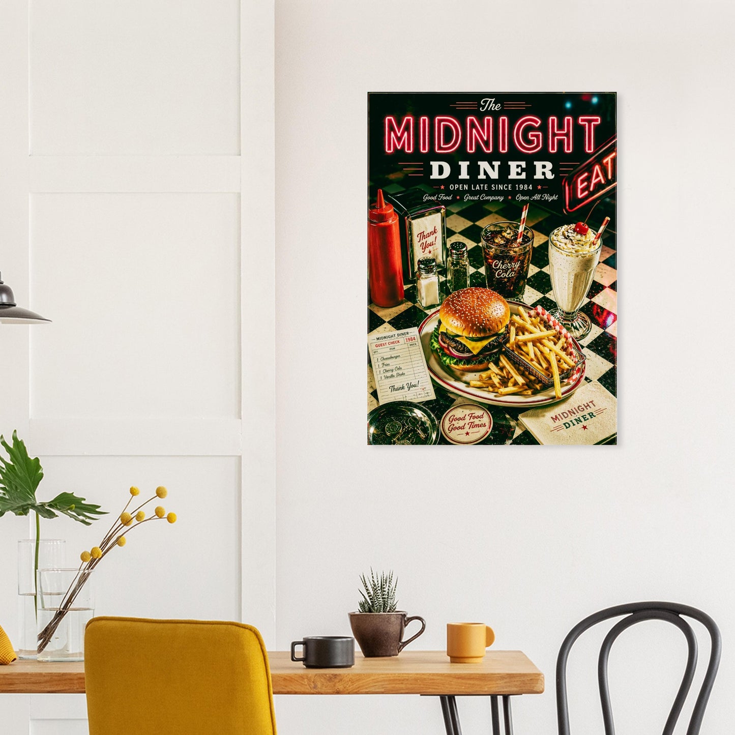 Poster of 'The Midnight Diner' on a wall above a table with chairs.