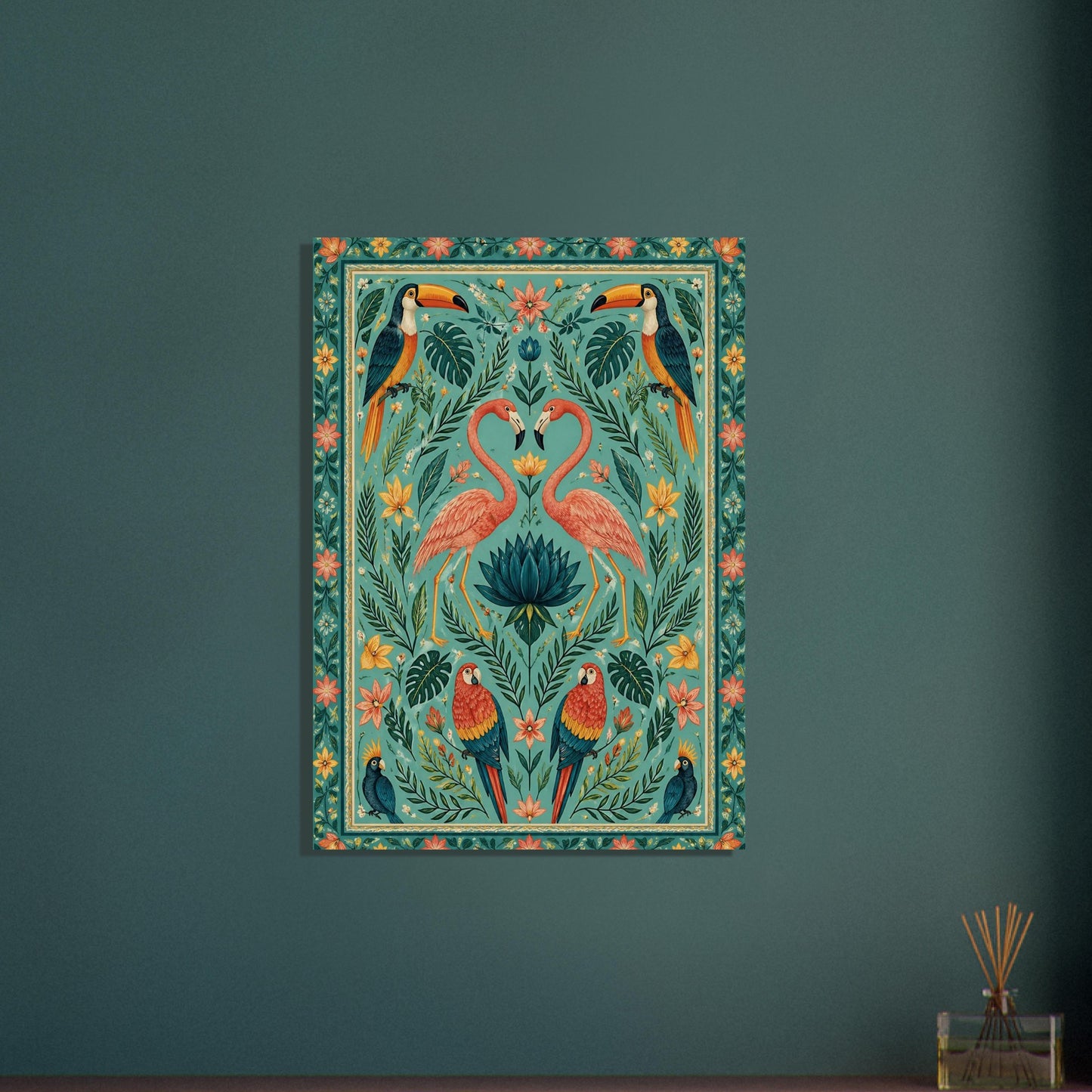 Flamingo heart wall art print styled in on a dark green wall