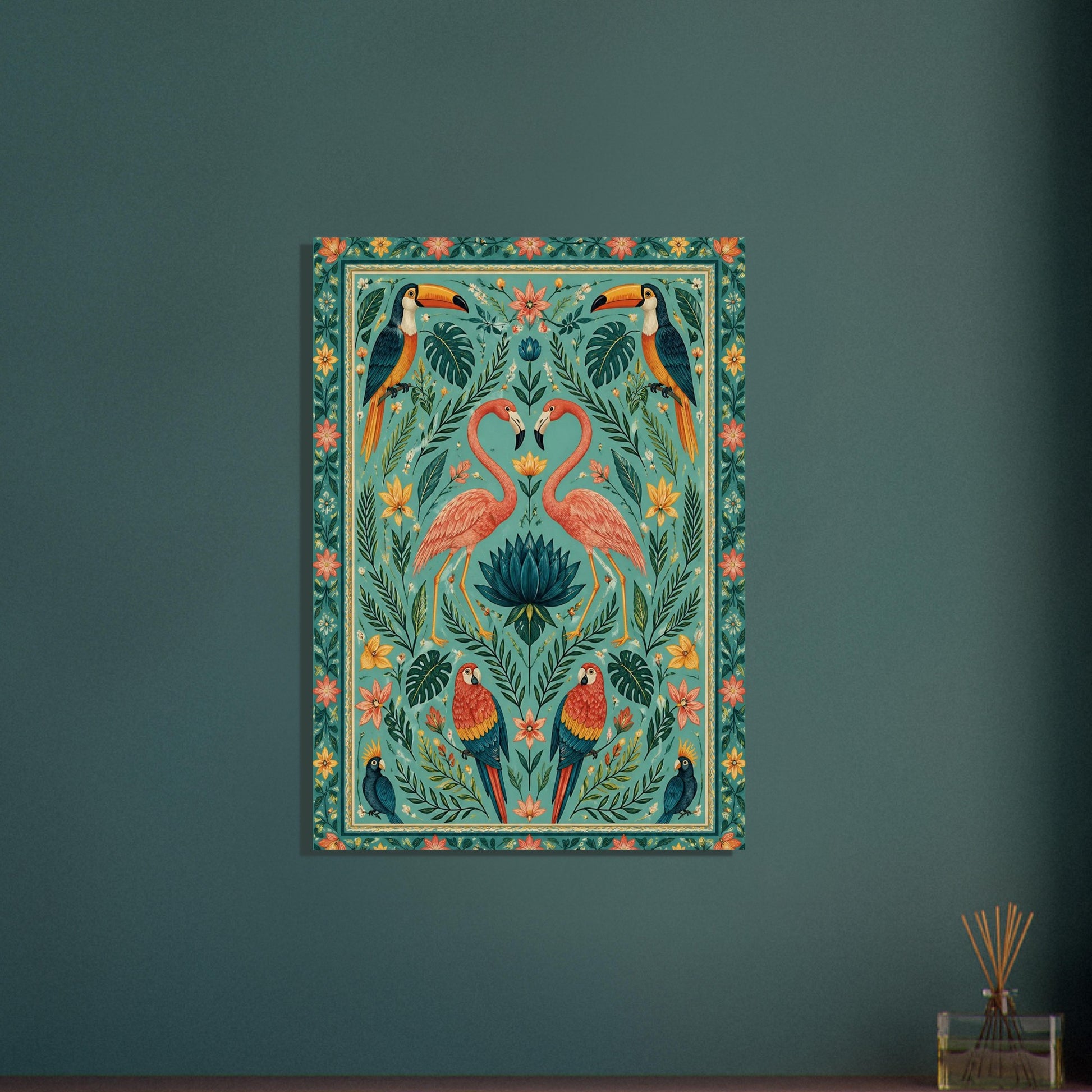 Flamingo heart wall art print styled in on a dark green wall