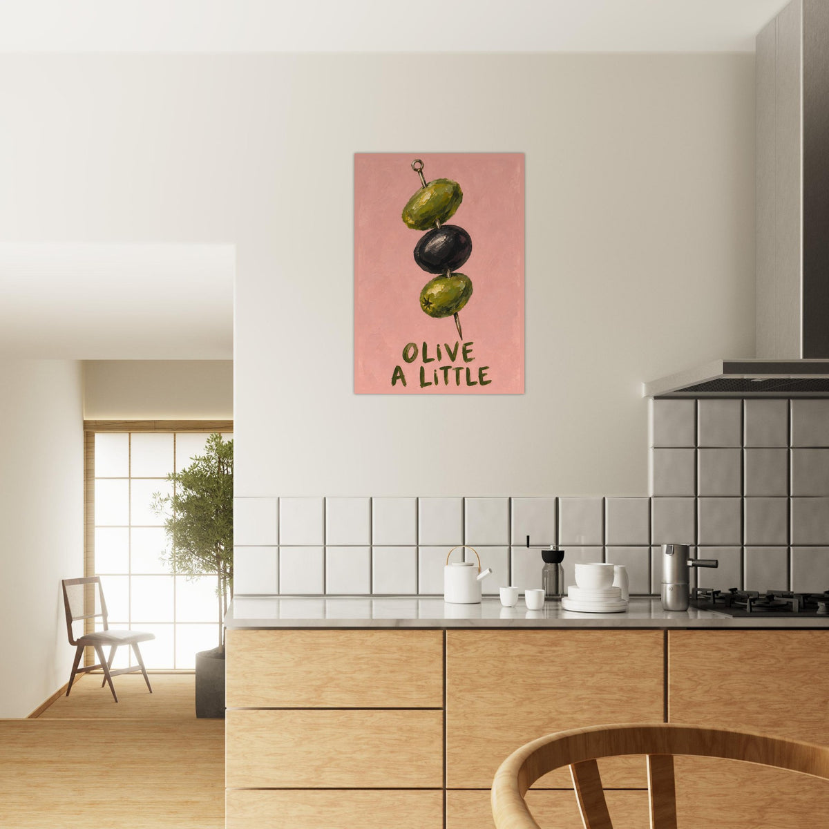A vertical canvas art print depicting a traditional Japanese-style scene with figures on horseback, displayed on a beige wall in a modern kitchen setting.