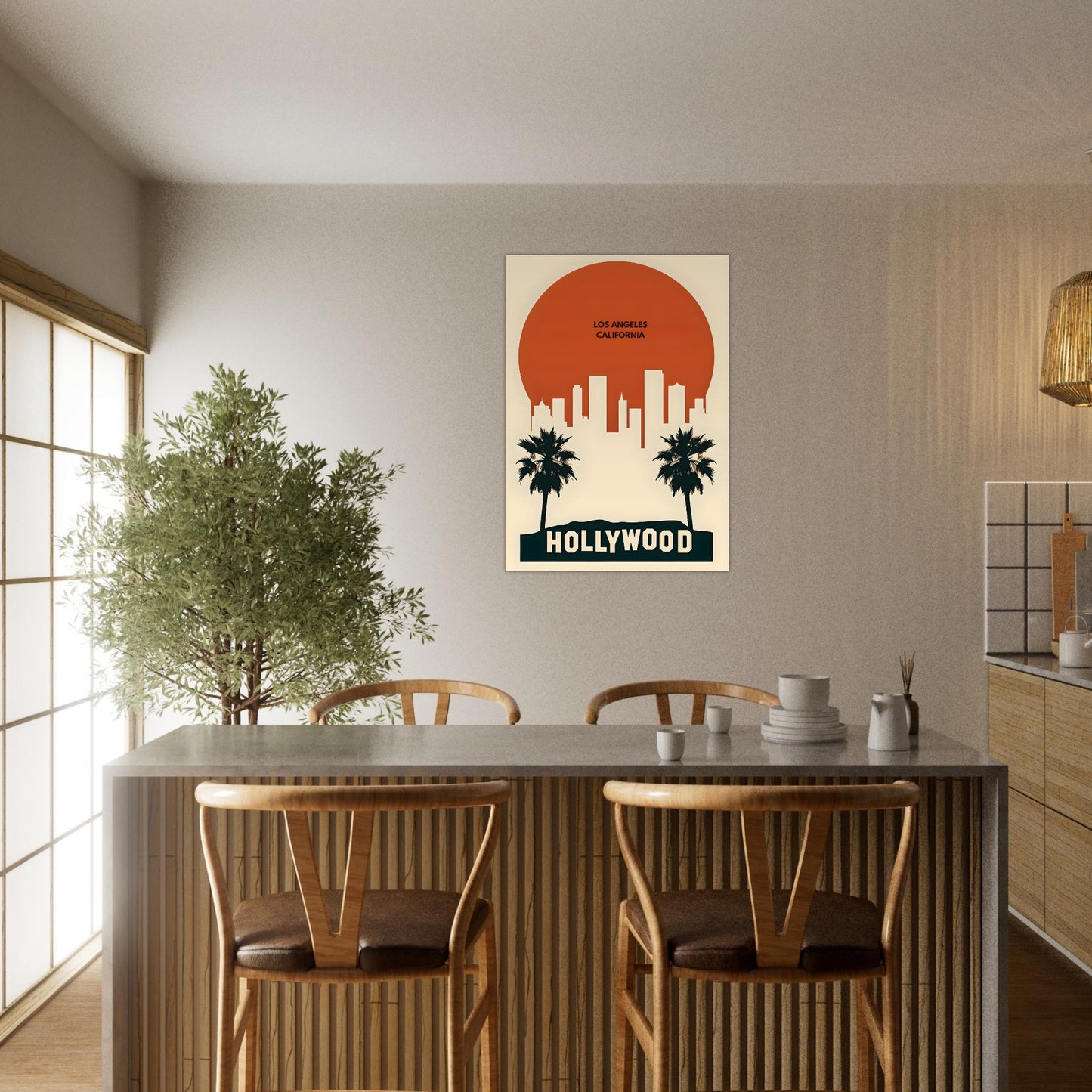 Dining room with a 'Hollywood' themed wall art above a table.