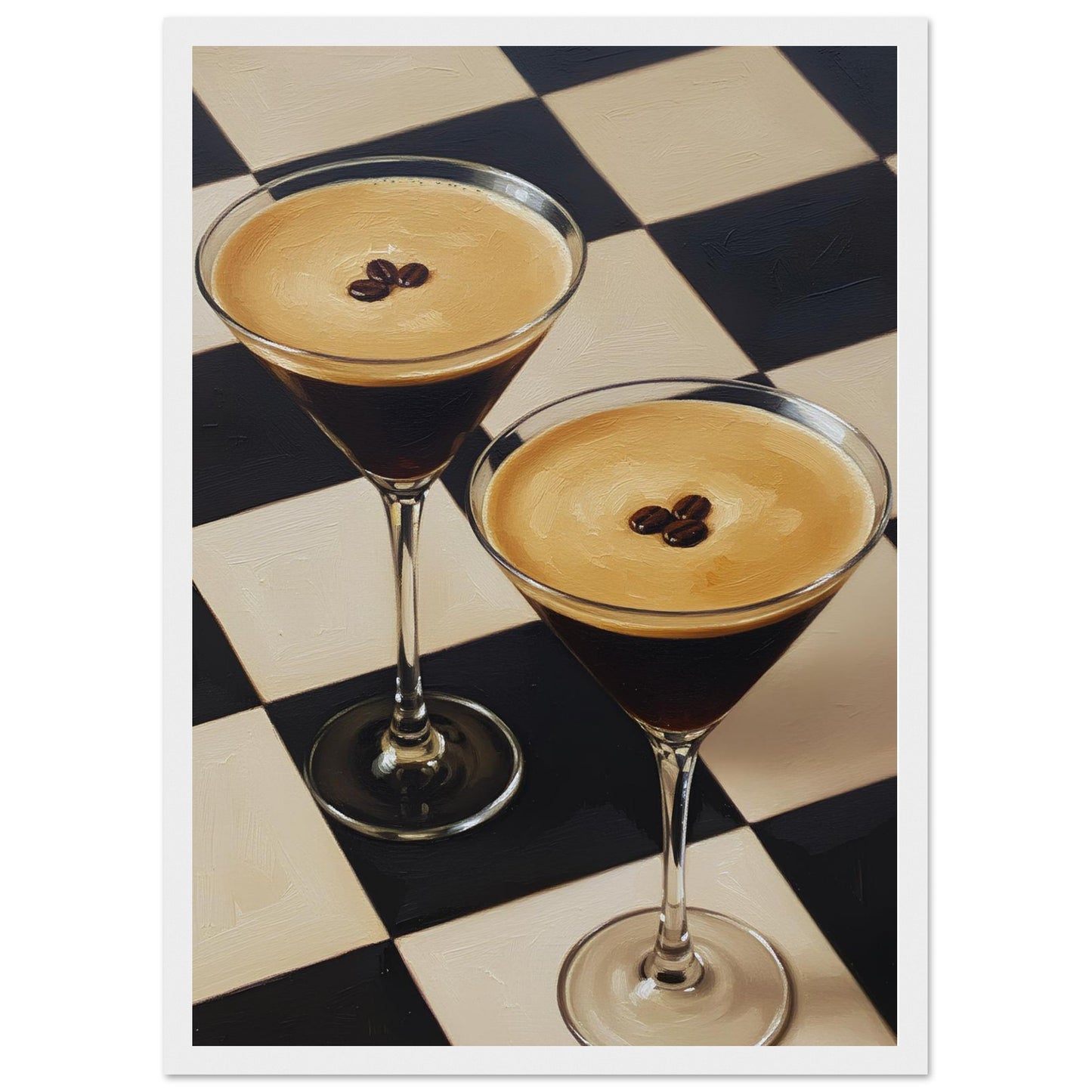Framed Espresso Martini print featuring two classic cocktails with rich coffee tones and a geometric checkerboard pattern.