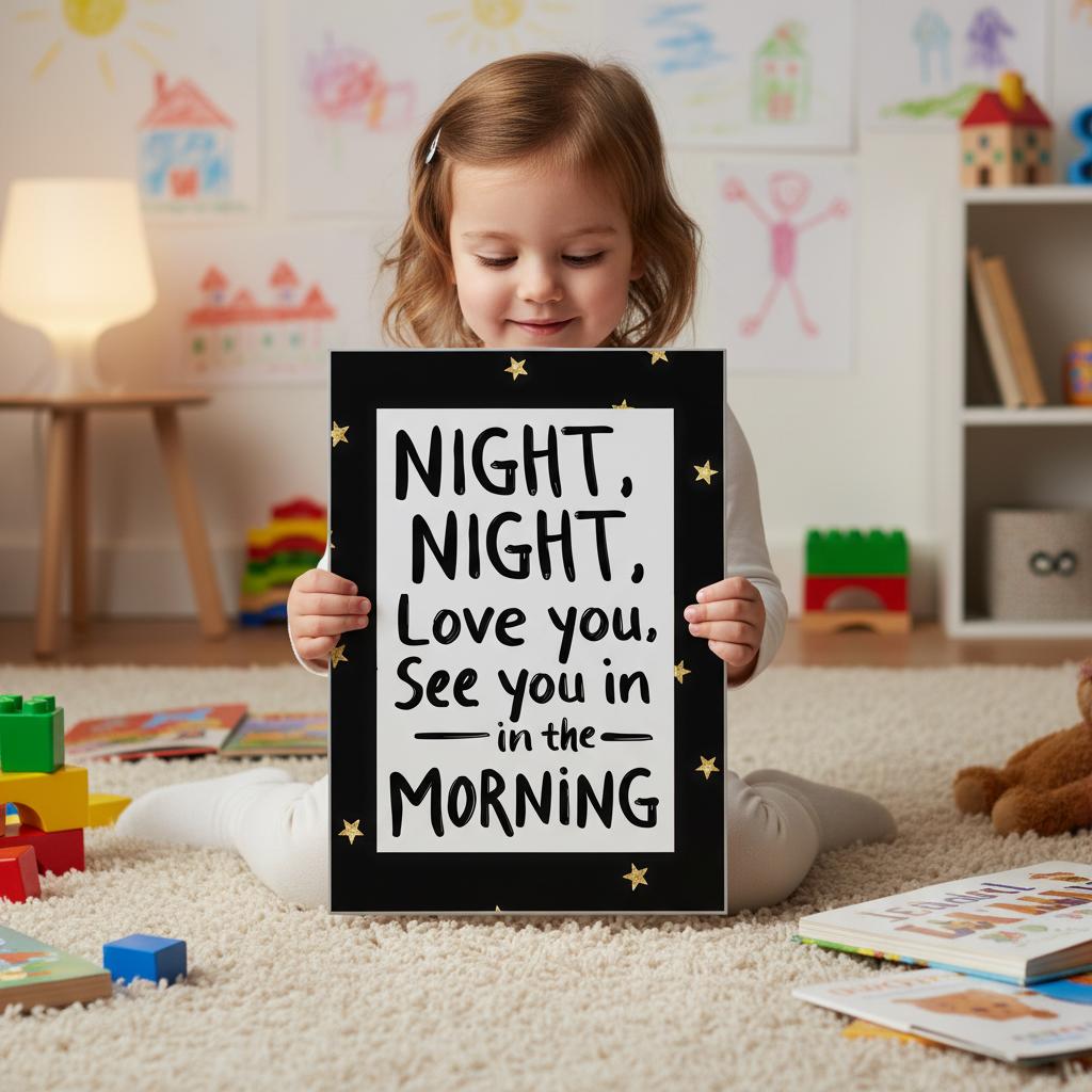Child holding a sign in a playroom with toys and colorful walls.