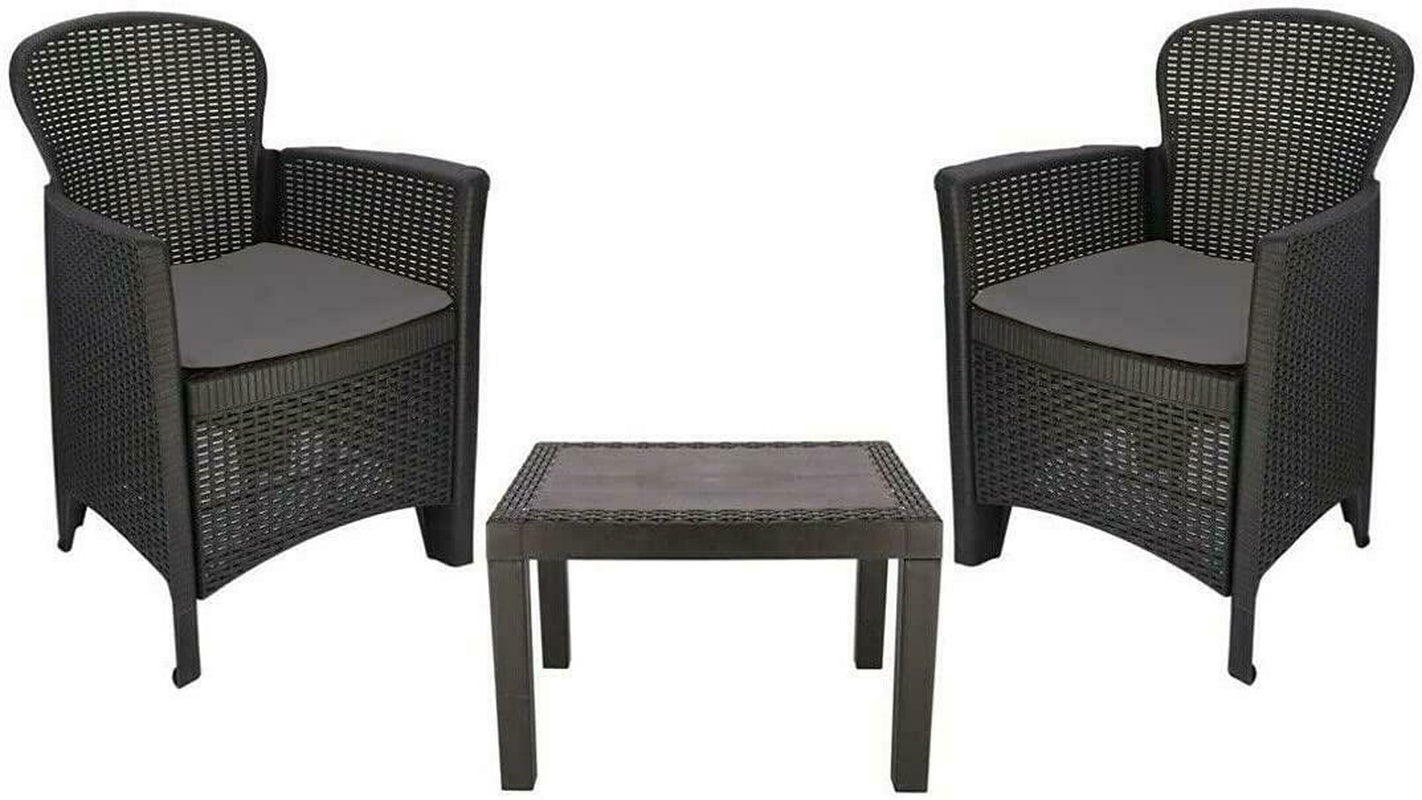 3Pc Bistro Garden Furniture Set Table Chairs Cushions Rattan Effect Dark Grey