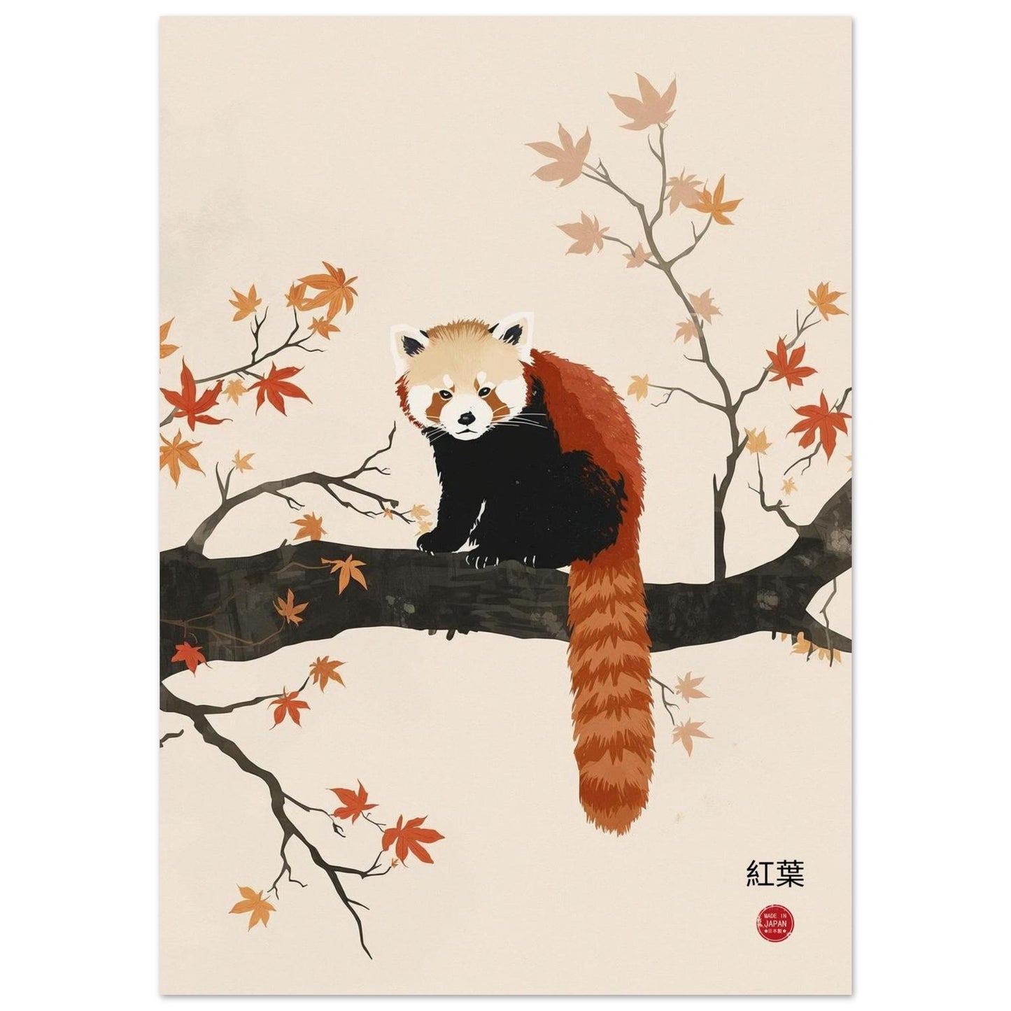 Illustration of a red panda on a branch with autumn leaves