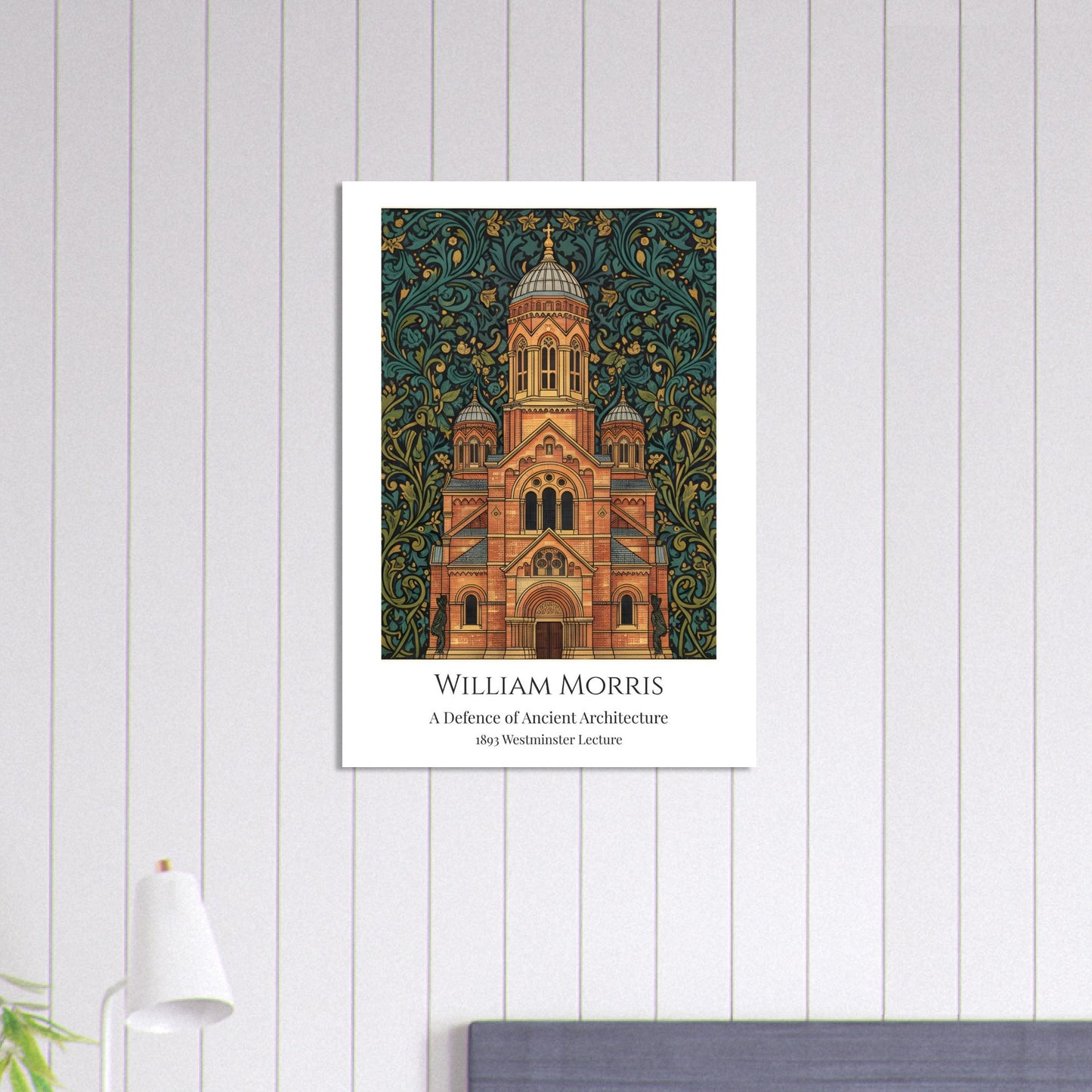 A William Morris style art print of Westminster Cathedral featuring a Neo-Byzantine architectural facade in gold and brick tones. The building is surrounded by an intricate, dense teal and dark green botanical pattern. The bottom features a clean white border with the text: William Morris, A Defence of Ancient Architecture, 1893 Westminster Lecture