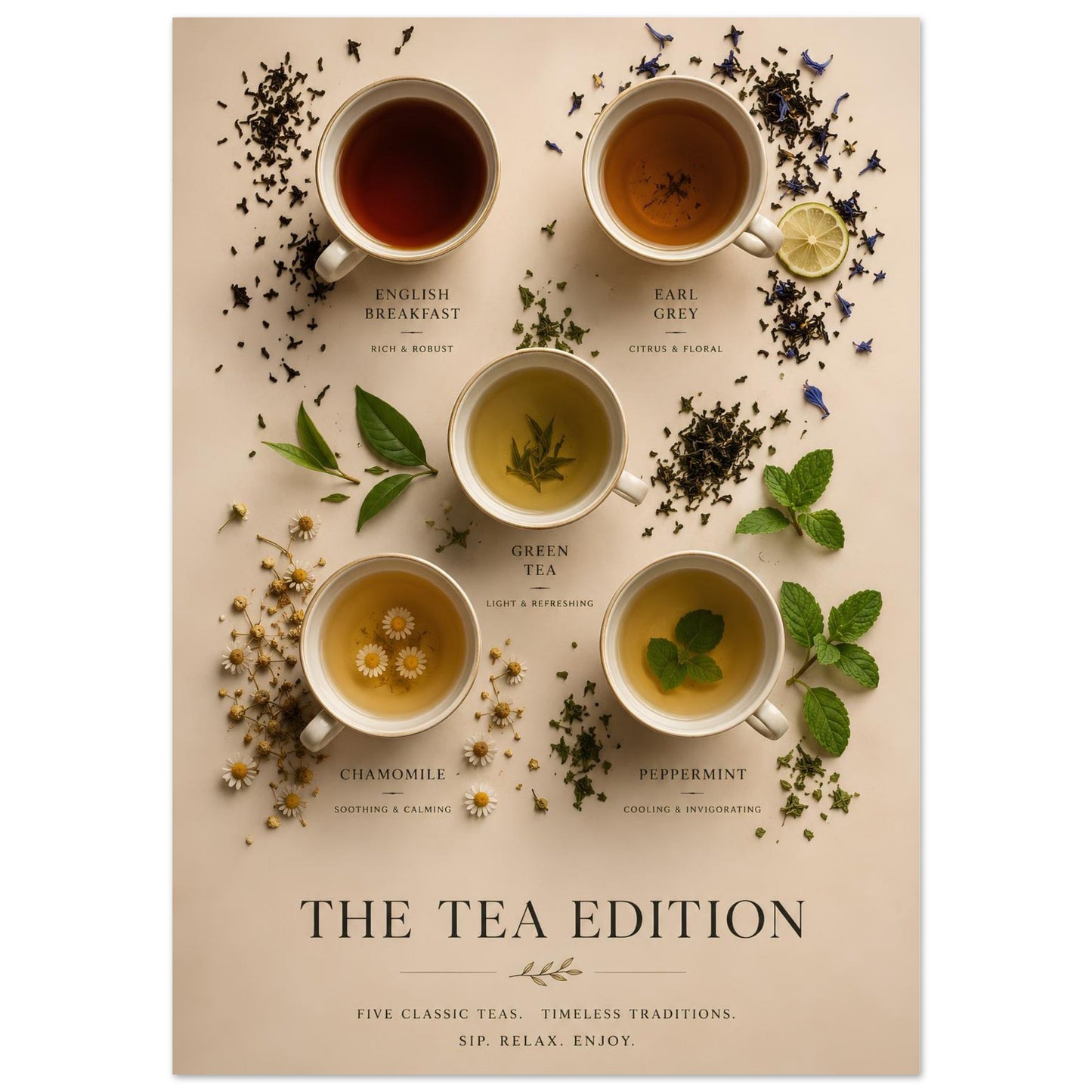 Tea Edition Poster close-up showing five classic teas with botanical elements, loose tea leaves and warm neutral tones.