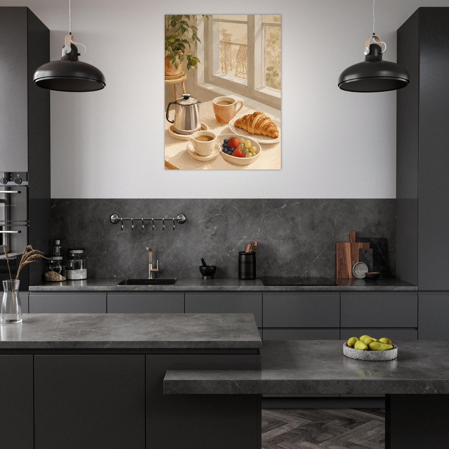 Modern kitchen with dark cabinets, gray countertops, and a decorative wall art of a breakfast scene.