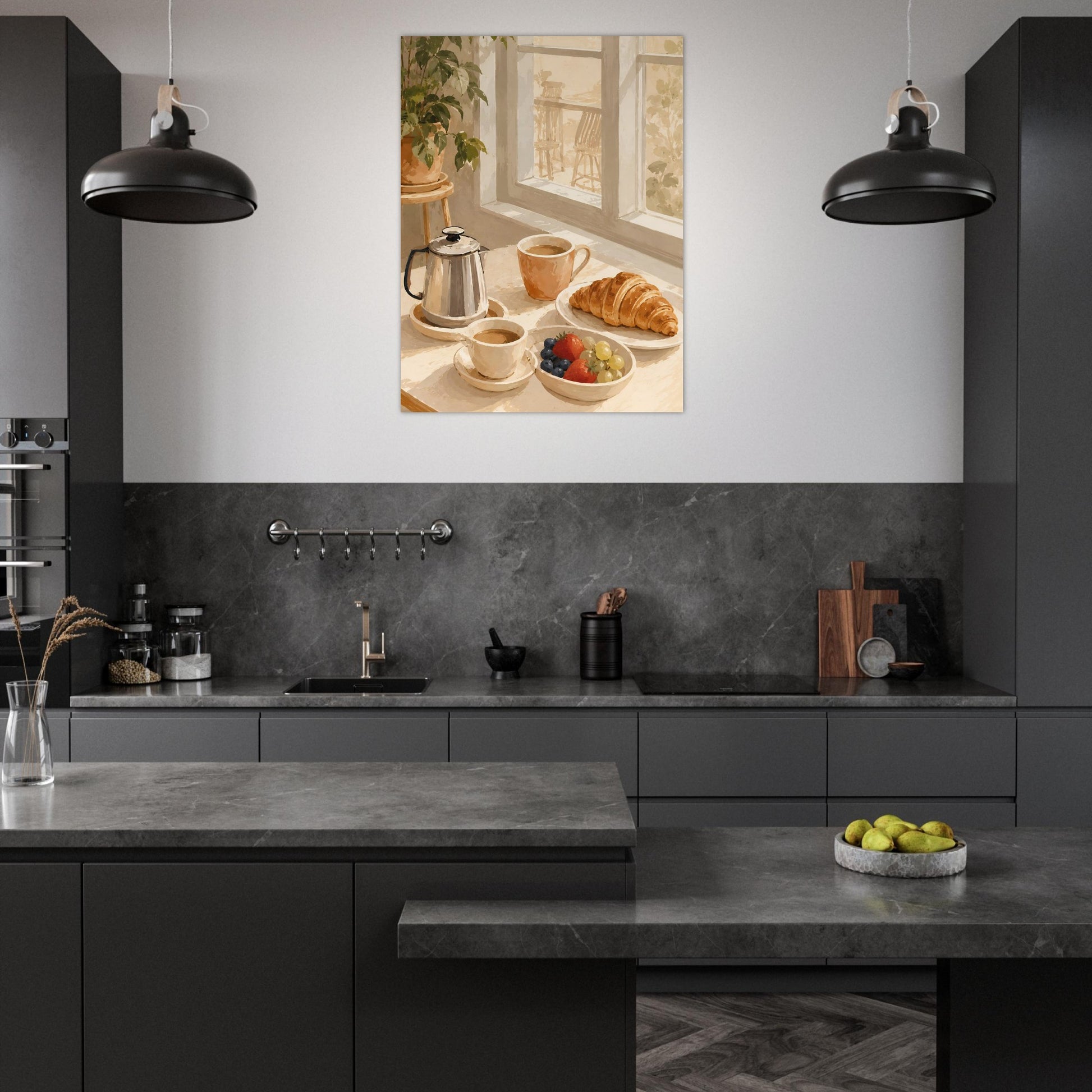 Modern kitchen with dark cabinets, gray countertops, and a decorative wall art of a breakfast scene.