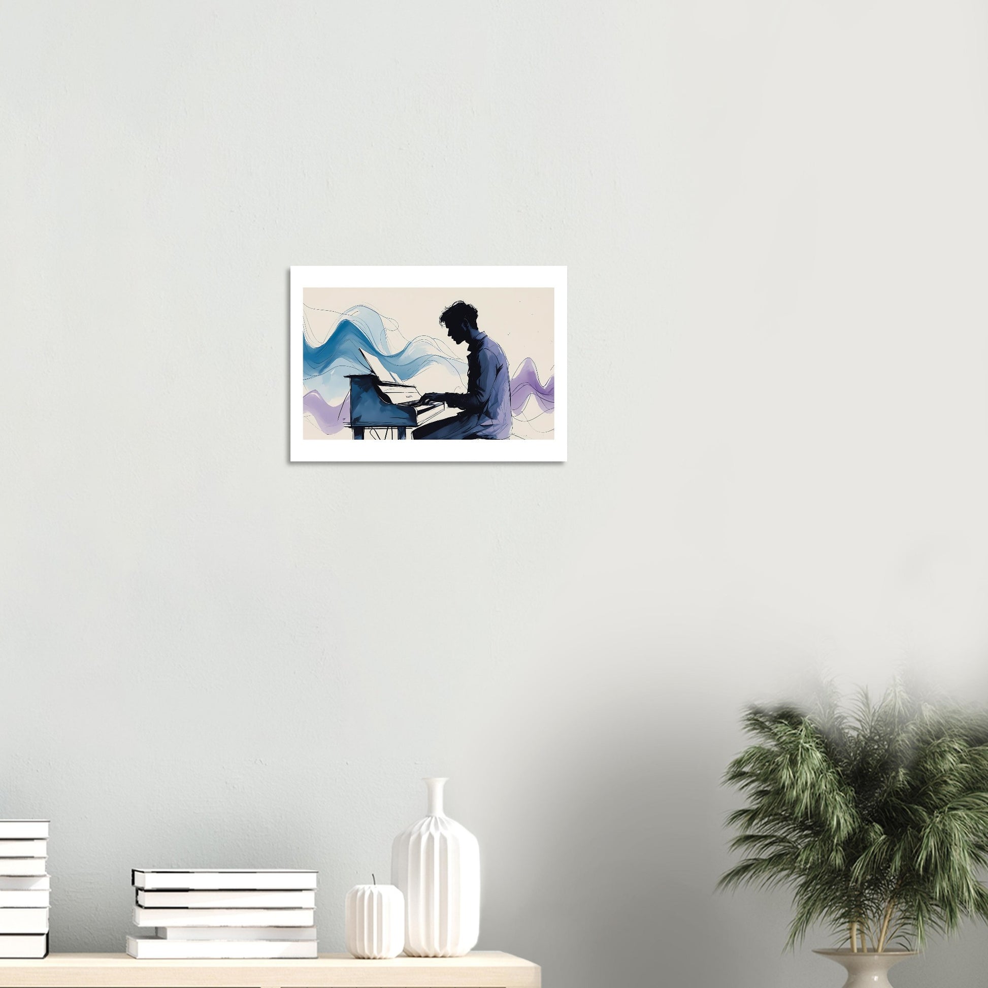 Framed artwork of a person playing a piano on a wall above a shelf with decorative items.