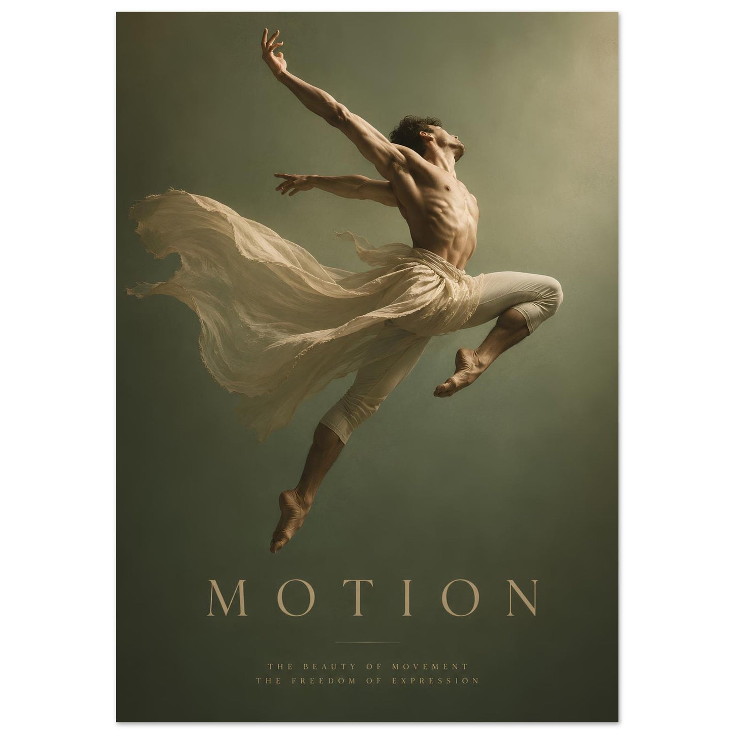 Motion contemporary dancer poster displayed in a modern interior, featuring a male dancer suspended mid-air against a soft sage green background.