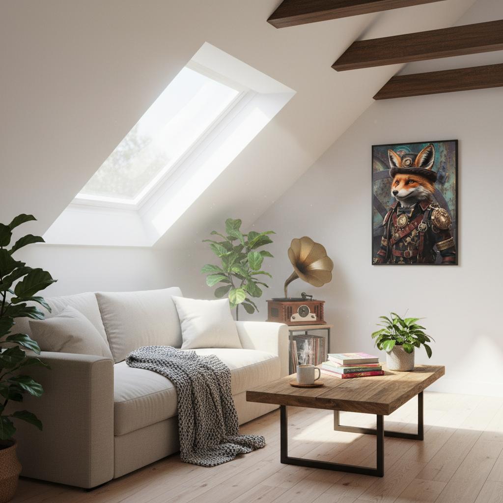 Modern living room with a white sofa, wooden coffee table, and decorative fox painting.