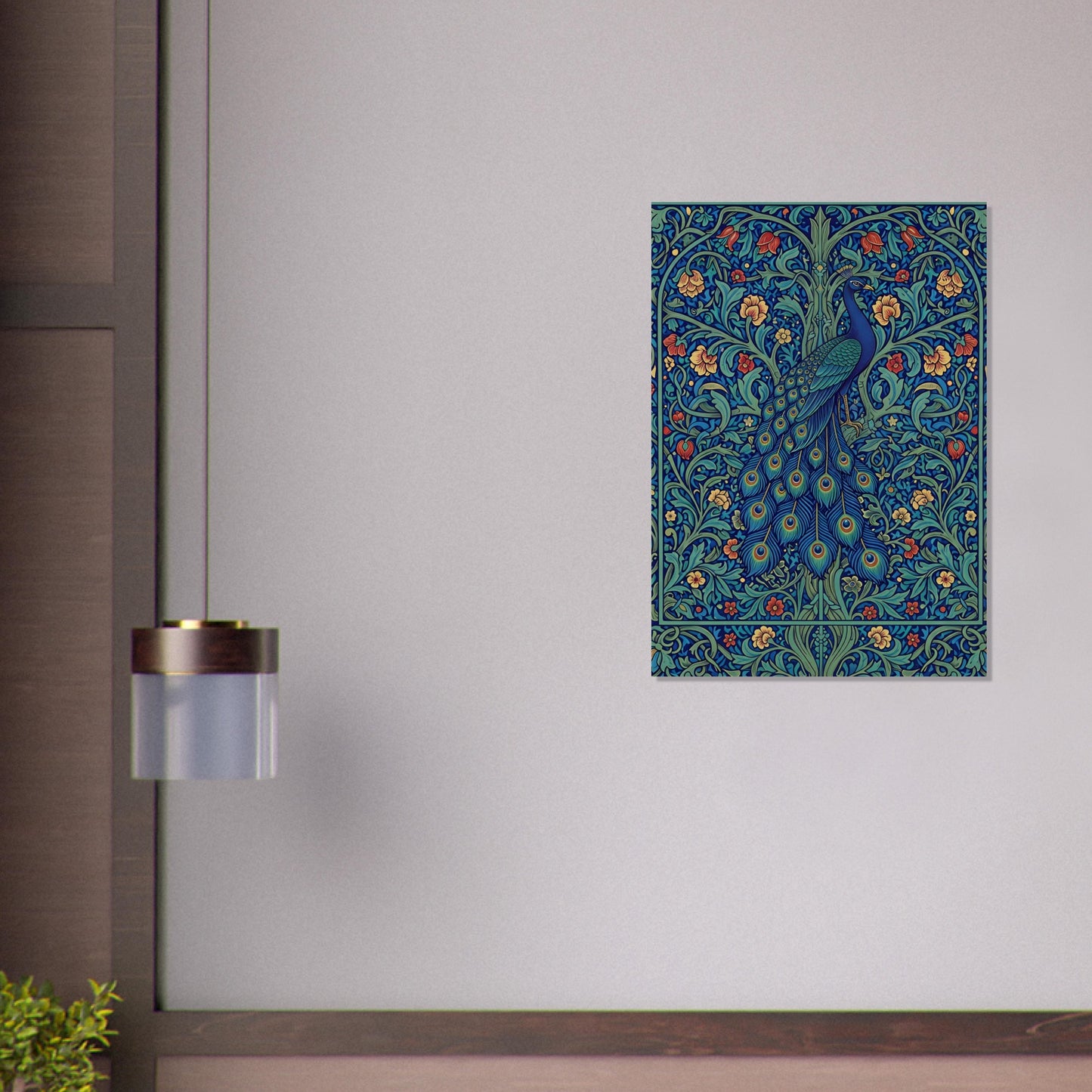 Peacock botanical print displayed against a grey wall in a contemporary interior with dark wood accents.