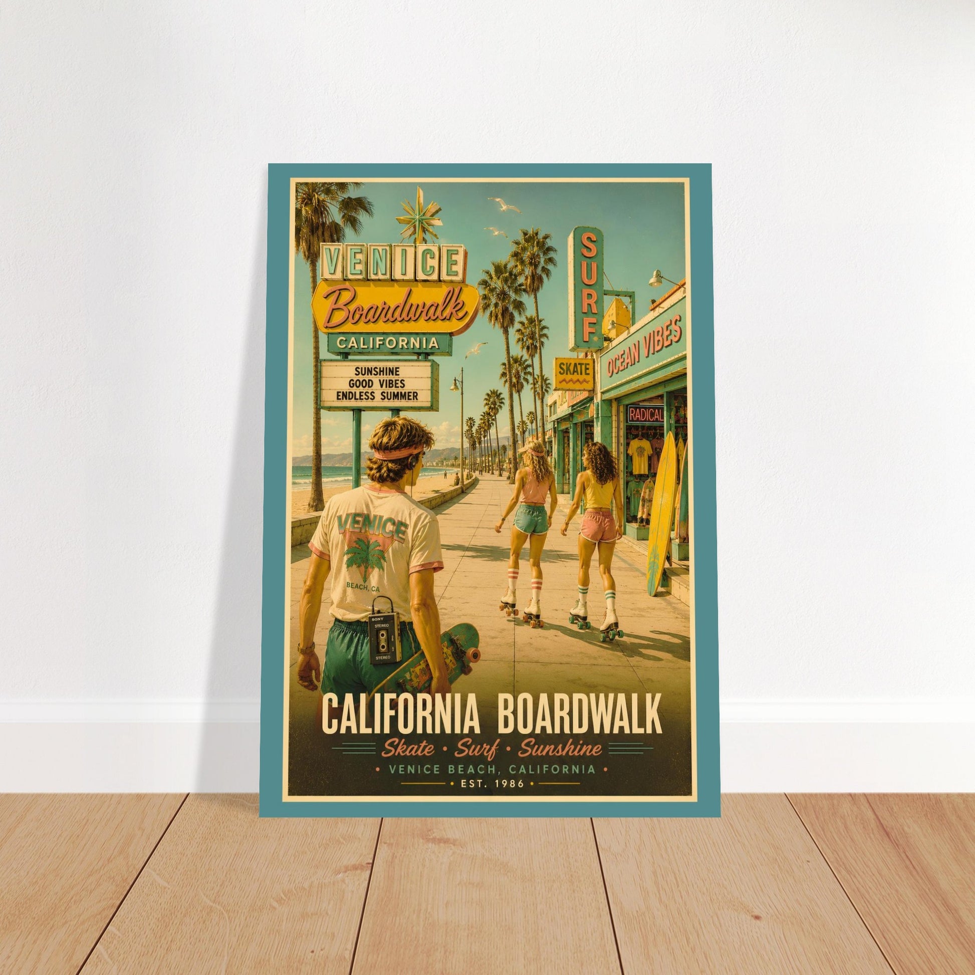 Poster of a vintage-style scene with people on a boardwalk in Venice Beach, California.