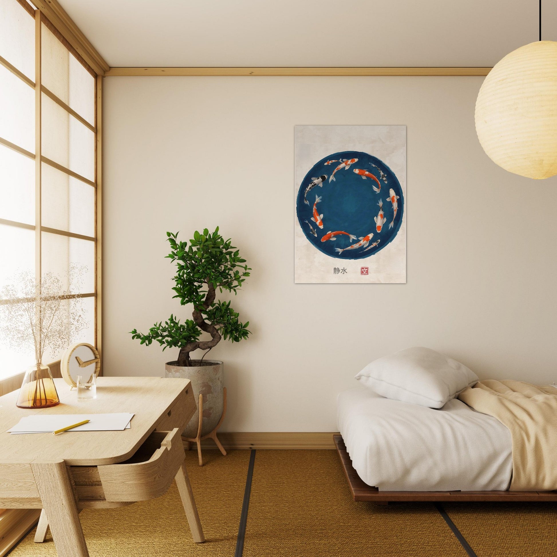 Modern bedroom with a desk, plant, and wall art featuring koi fish.
