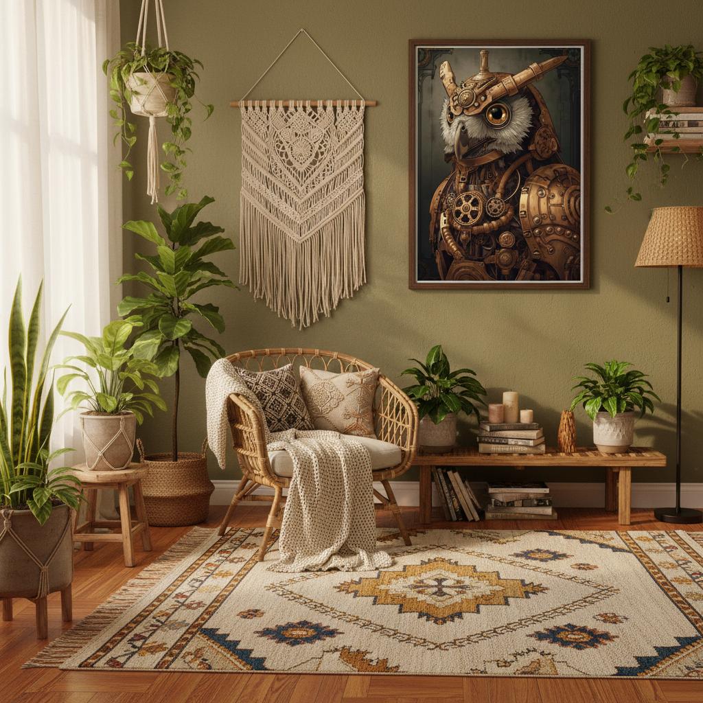Cozy living room with a wicker chair, patterned rug, and decorative wall art.