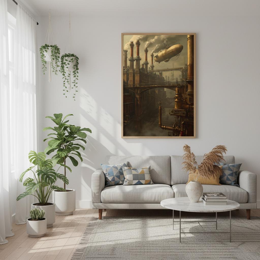 Living room with a gray sofa, decorative pillows, and a large framed painting on the wall.