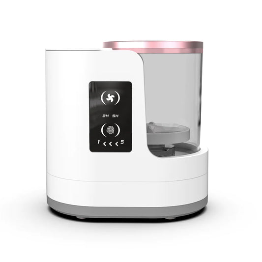 Electric USB-powered makeup brush cleaner and dryer in white, with transparent lid and multi-brush holder
