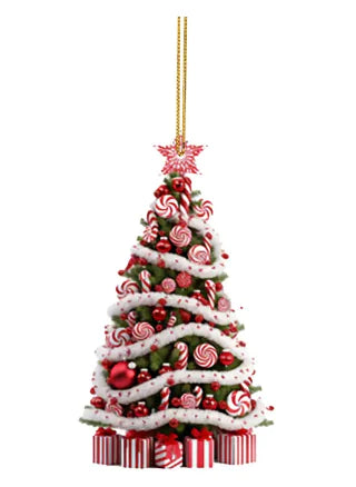 Decorative Christmas tree ornament with candy-themed decorations on a white background