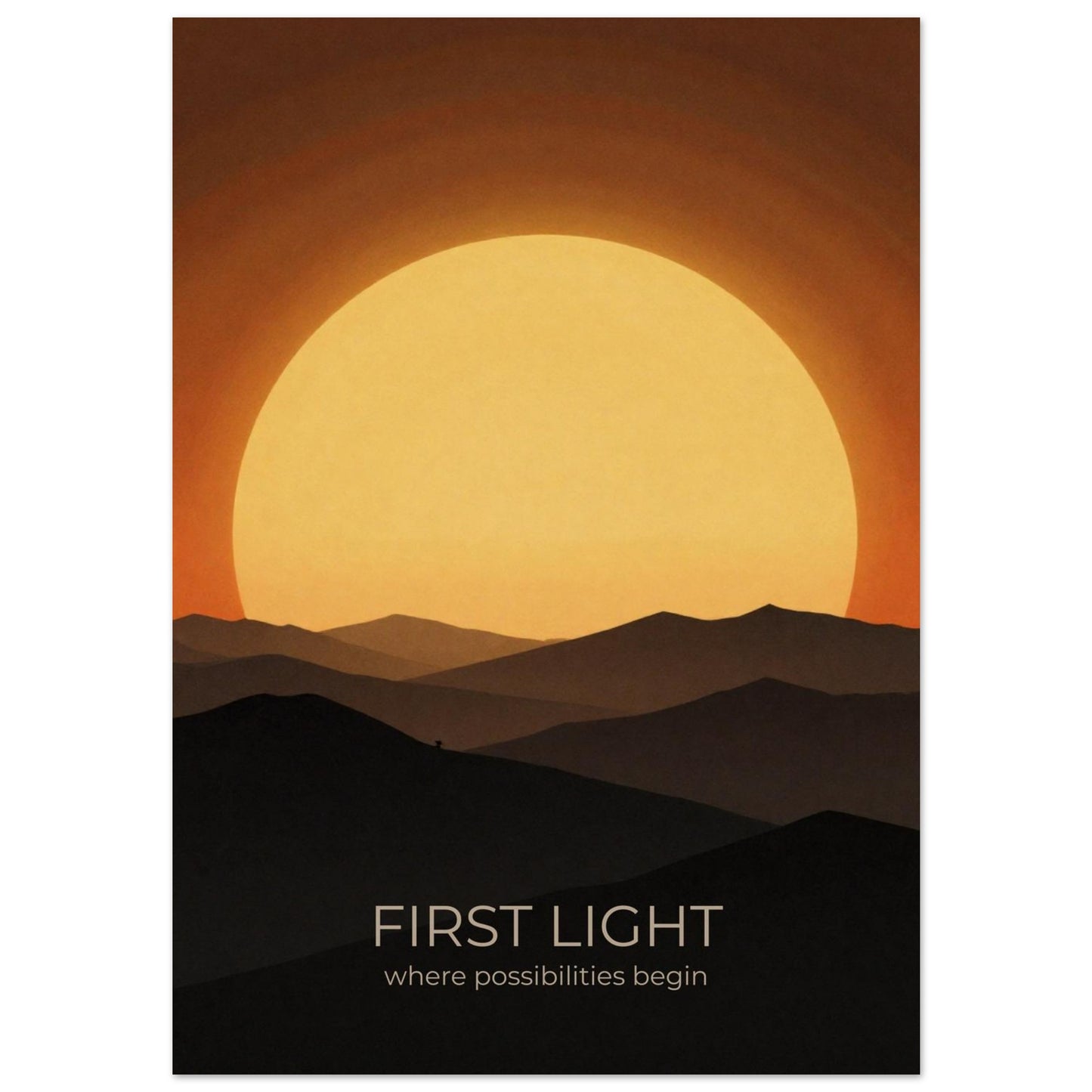 Close-up of First Light sunrise wall art showcasing a large glowing sun and minimalist mountain landscape in amber and gold colours.