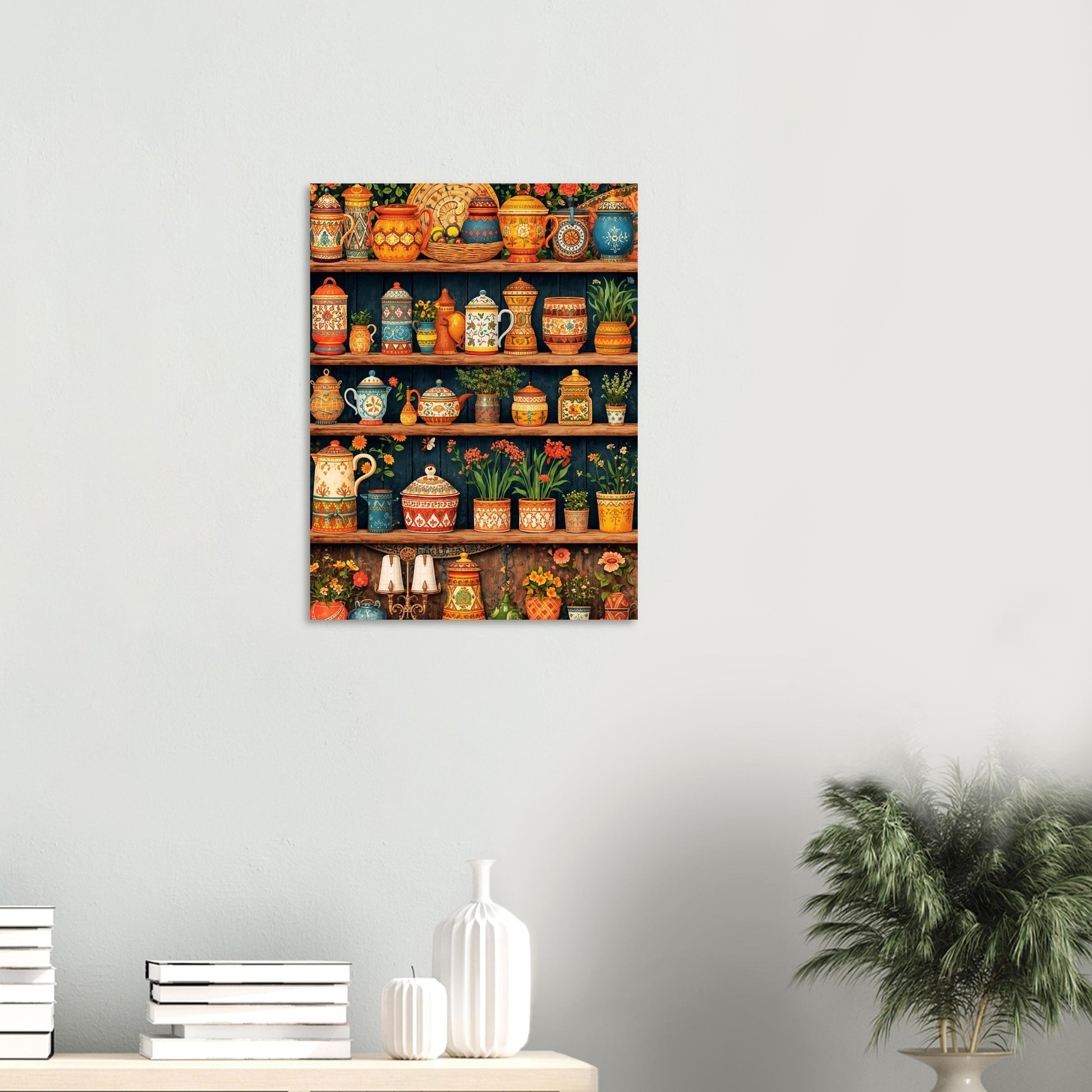 Decorative wall art with colorful shelves on a white wall.