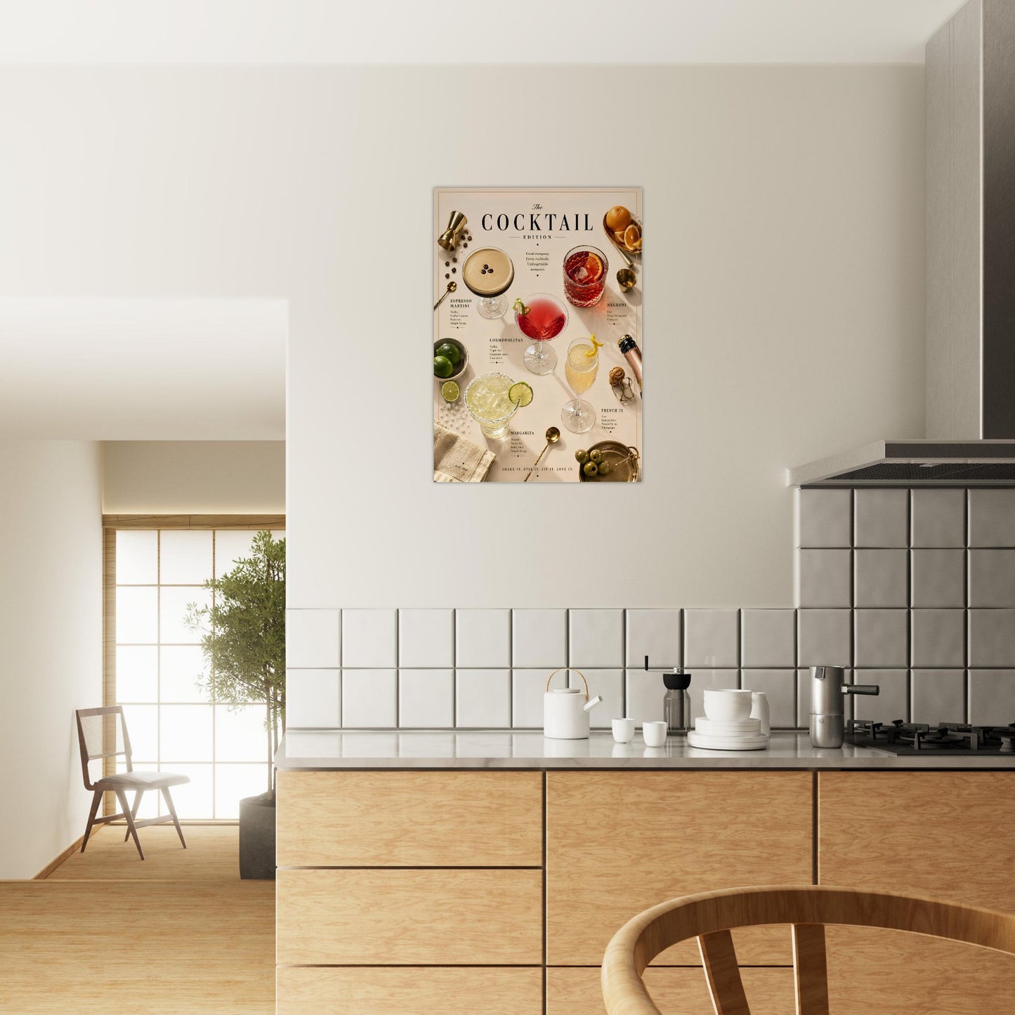 Cocktail Edition Poster displayed in a bright kitchen and dining space featuring sophisticated cocktail wall art.