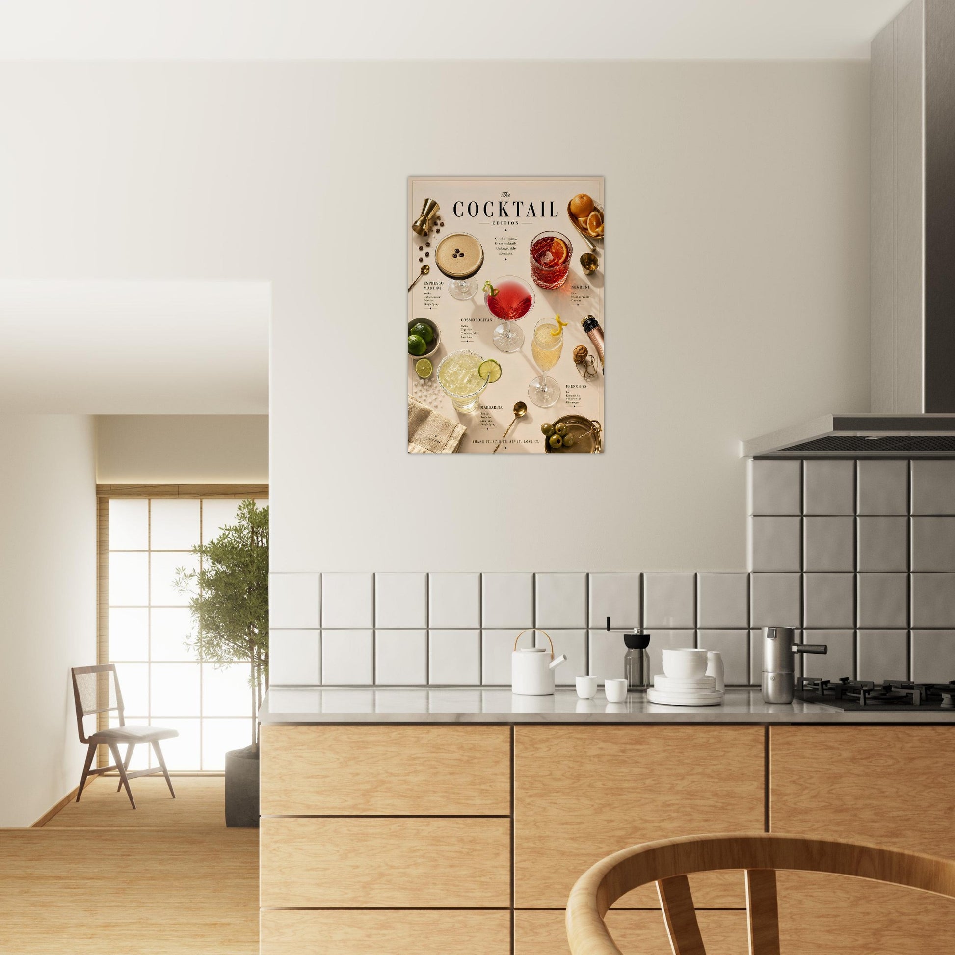 Cocktail Edition Poster displayed in a bright kitchen and dining space featuring sophisticated cocktail wall art.