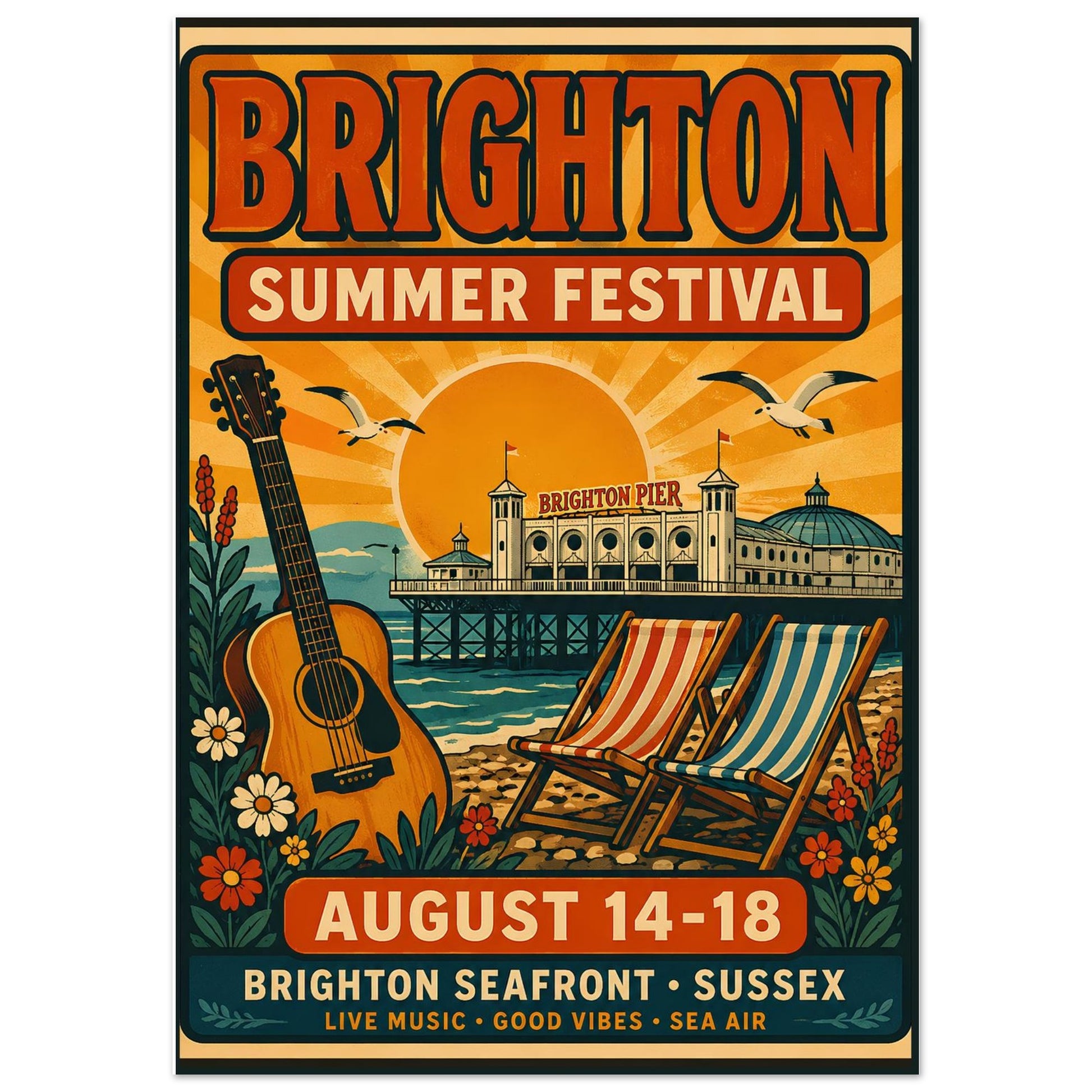 Poster for Brighton Summer Festival with guitar, deck chairs, and Brighton Pier.