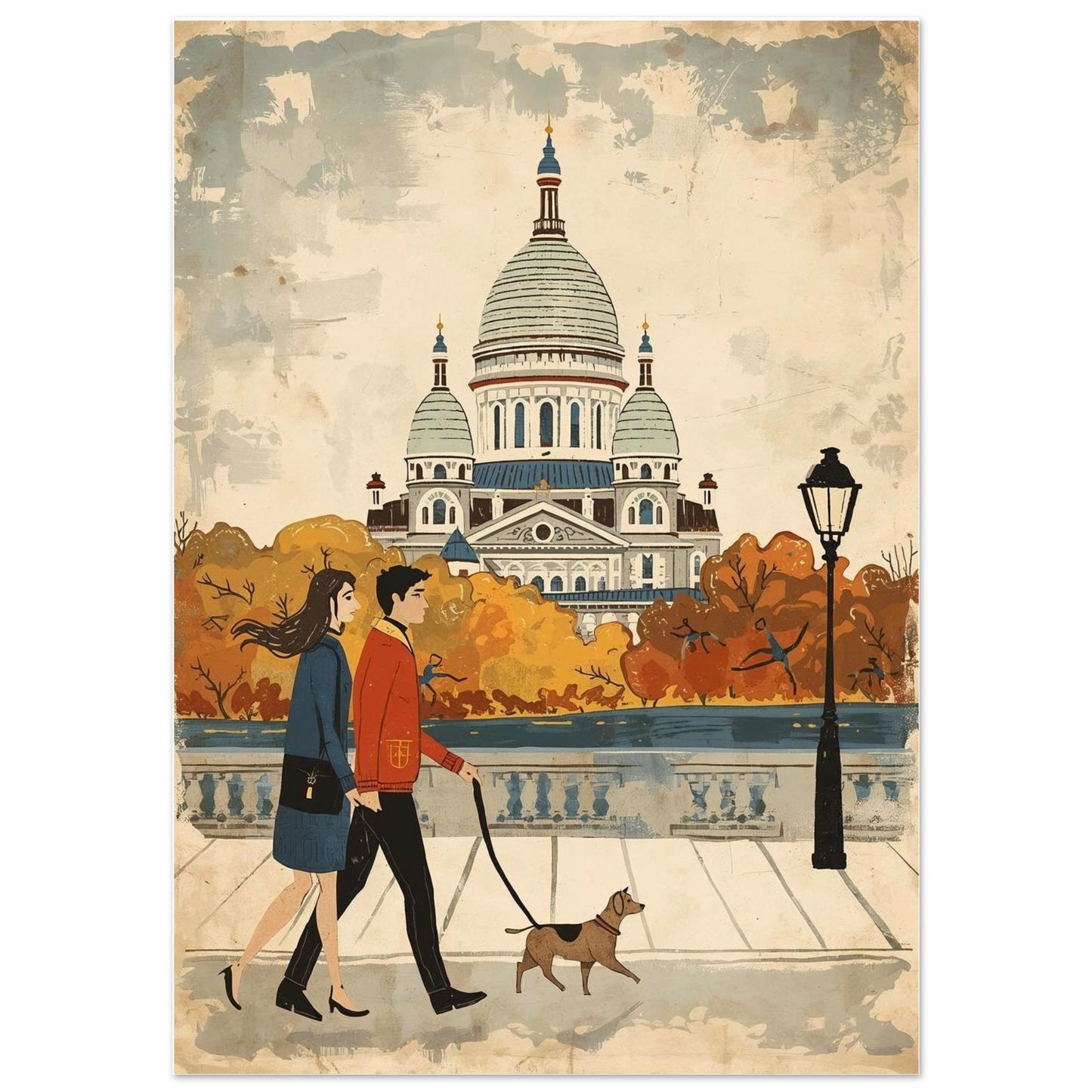 Illustration of a couple walking a dog with a large building in the background
