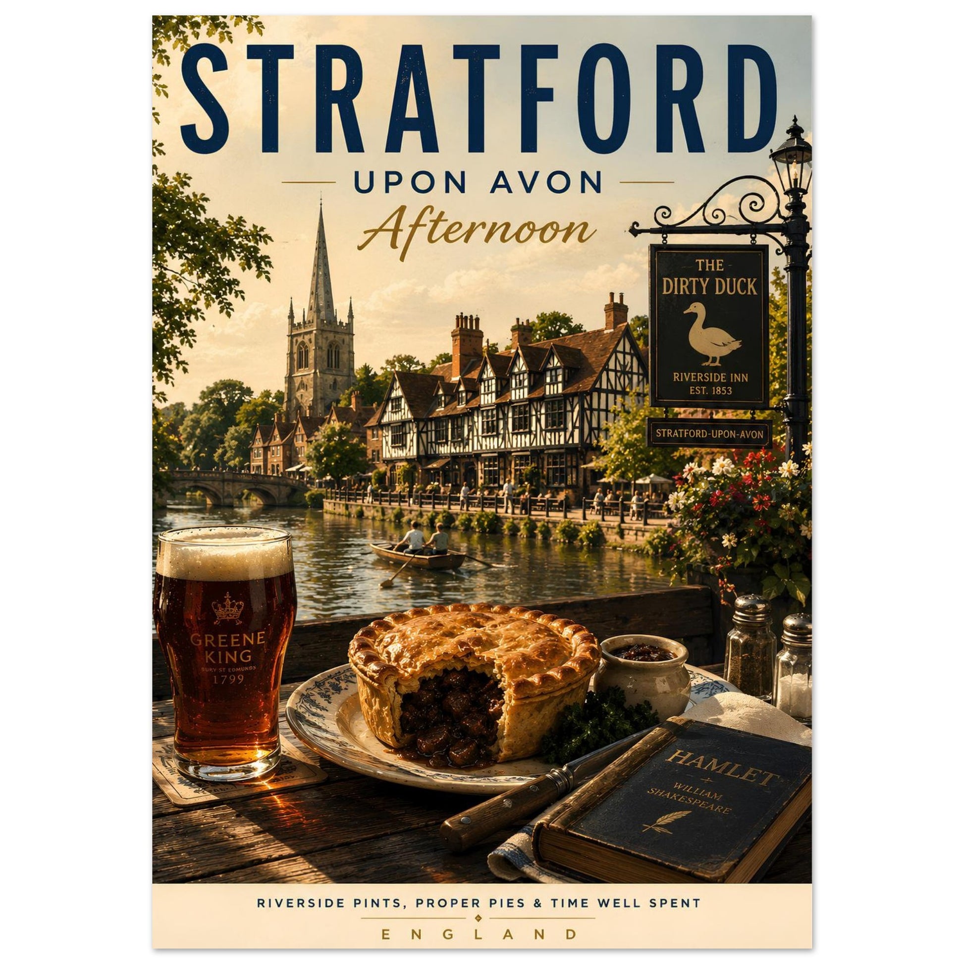 Stratford-upon-Avon Afternoon wall art print featuring the River Avon, traditional pub meal, local ale and Shakespeare-inspired details.