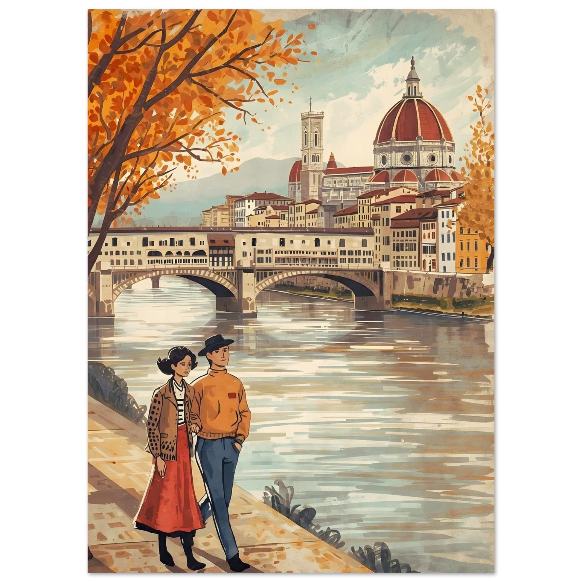 Florence folk art wall print featuring a couple walking beside the Arno River with the Duomo skyline in warm autumn tones